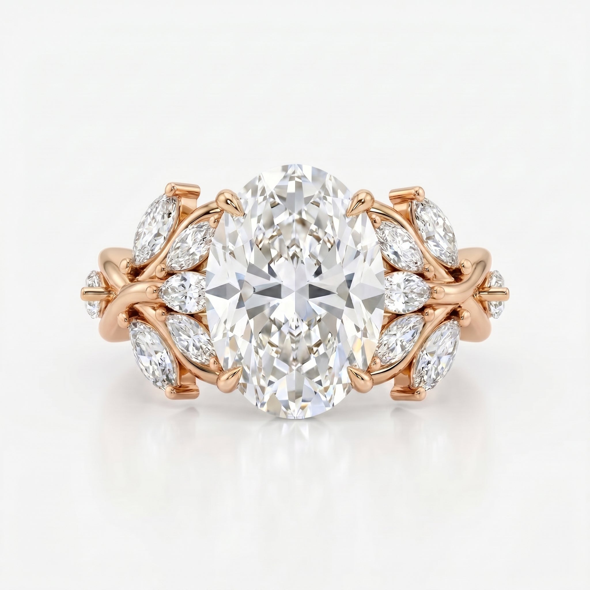 Oval Diamond Engagement Ring Nature Inspired Marquise Leaf Side Stone Ring