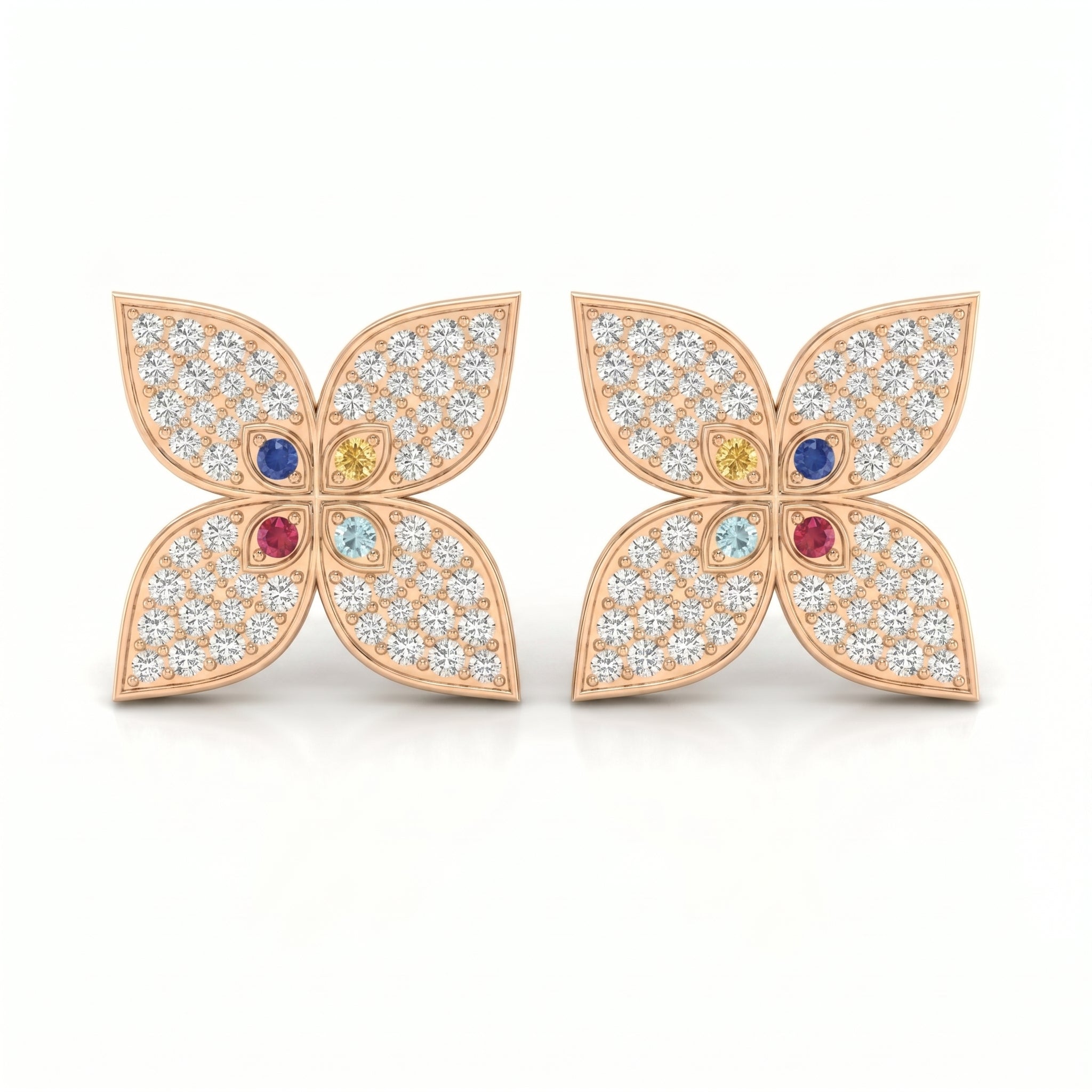 Butterfly Round Diamond with Multicolor Gemstones Stud Fashion Earrings