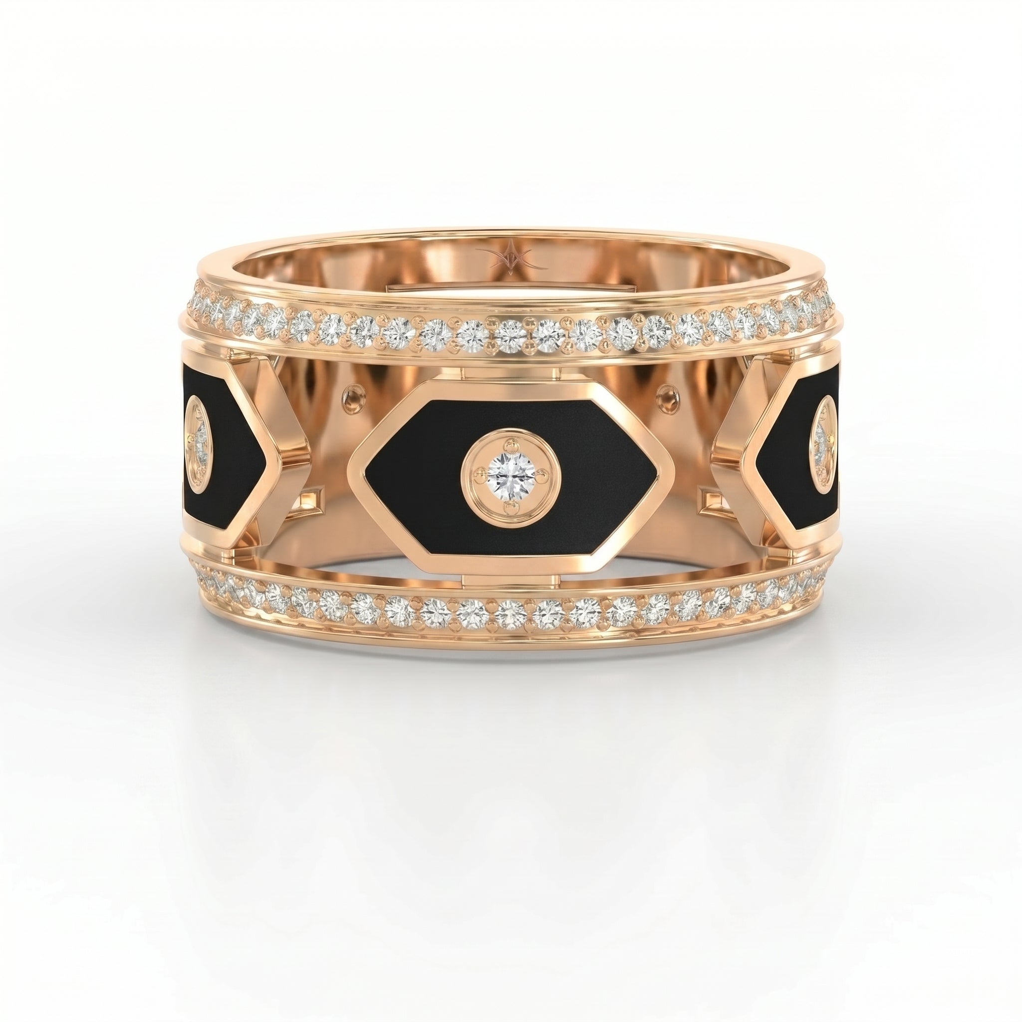 Wide Round Diamond Band with Black Enamel Ring