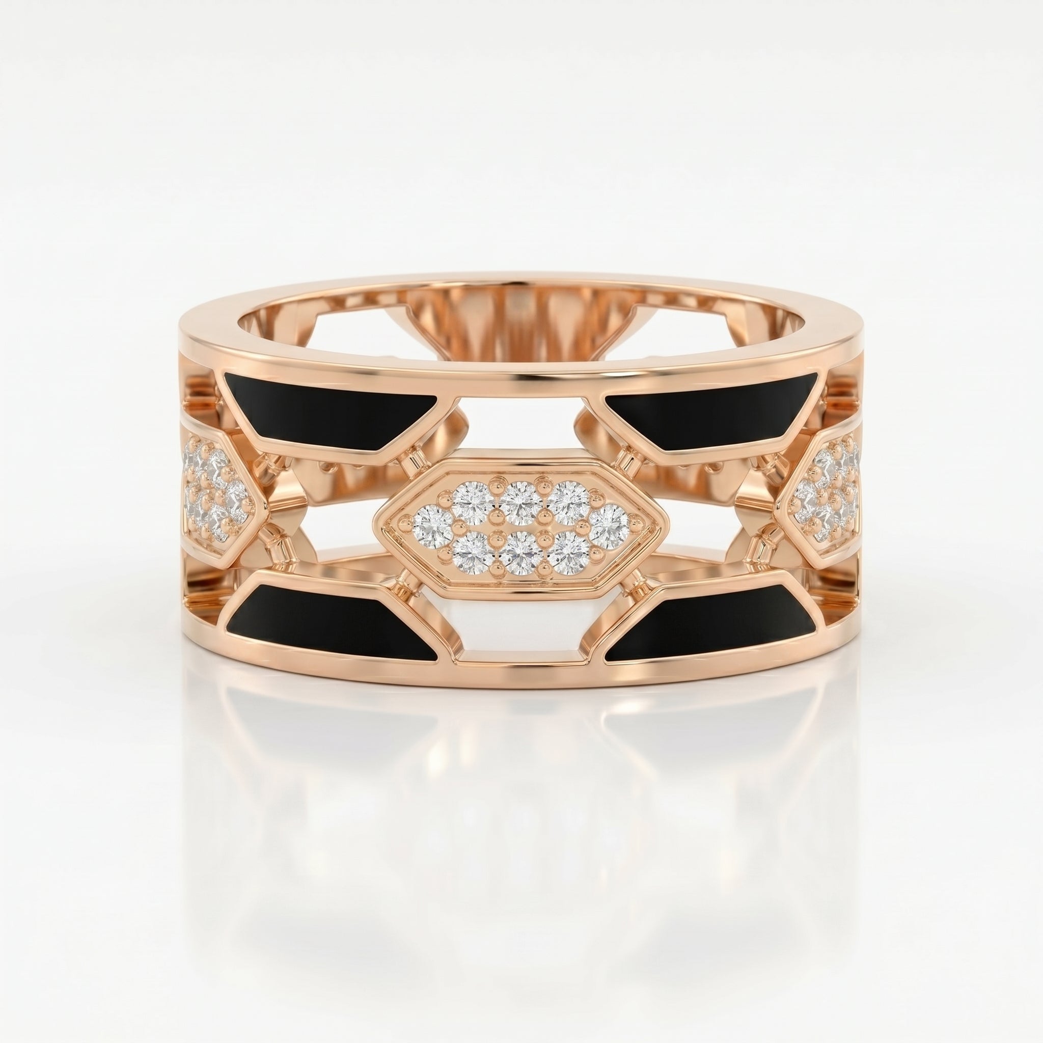 Geometric Cluster Design with Black Enamel Diamond Band