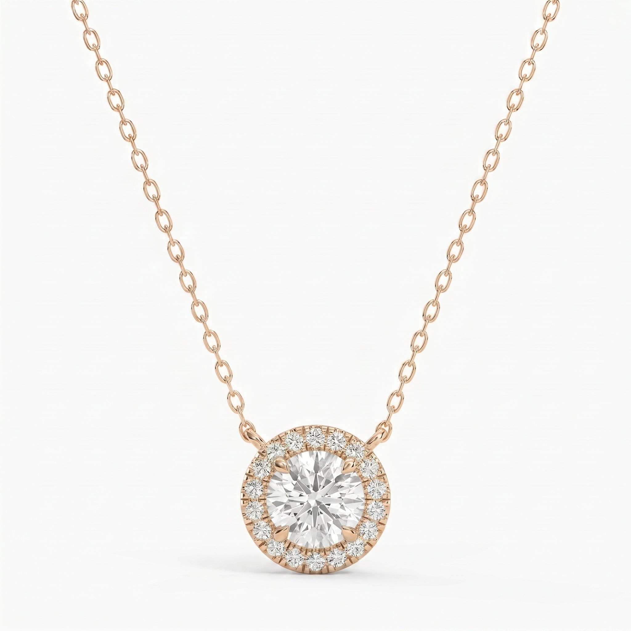Round Shape Diamond and Side Stone Halo Design Necklace