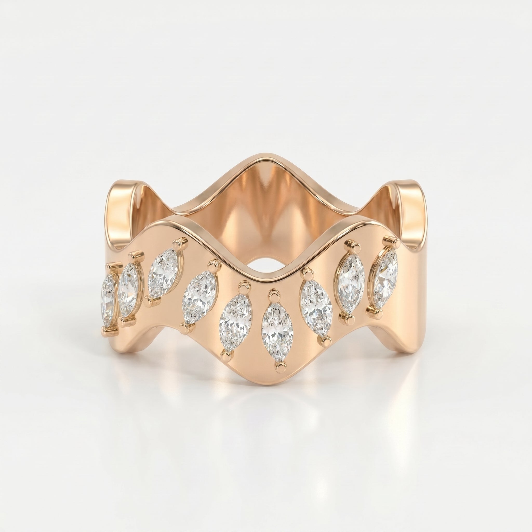 Curved Diamond Band with Marquise Cut Uniqe Statement Band