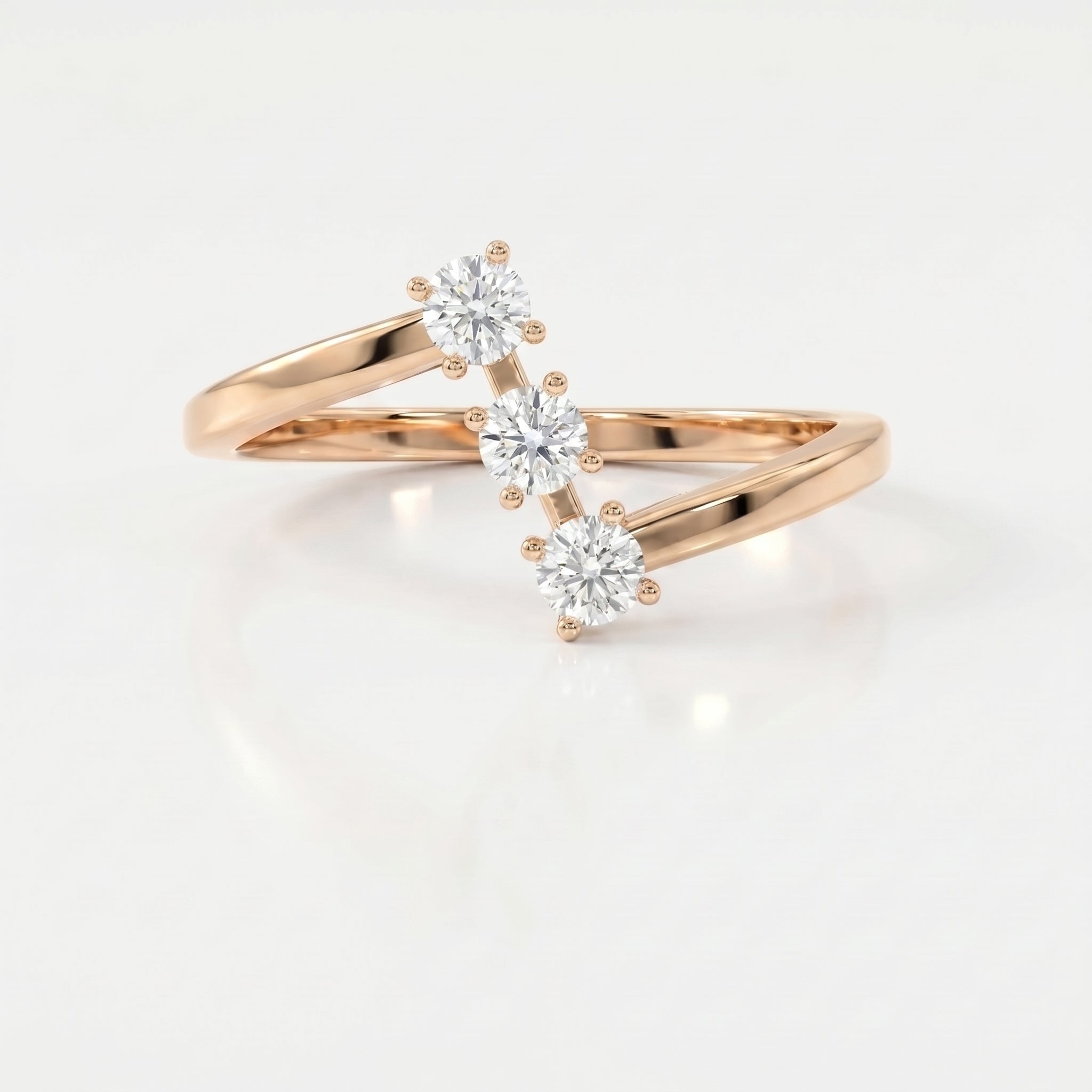 Modern Split Shank Three Stone Round Diamond Curved Ring