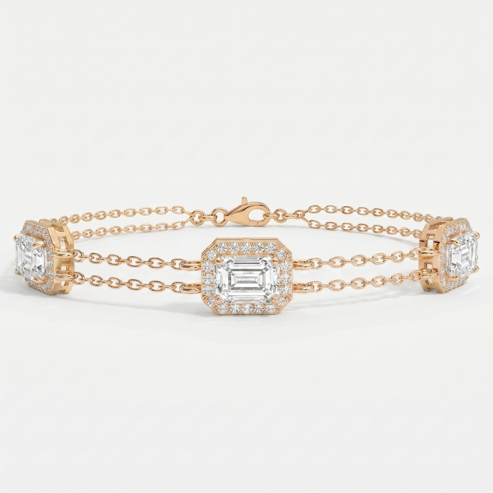 Emerald Cut Halo Diamond Double Chain Design Bracelet