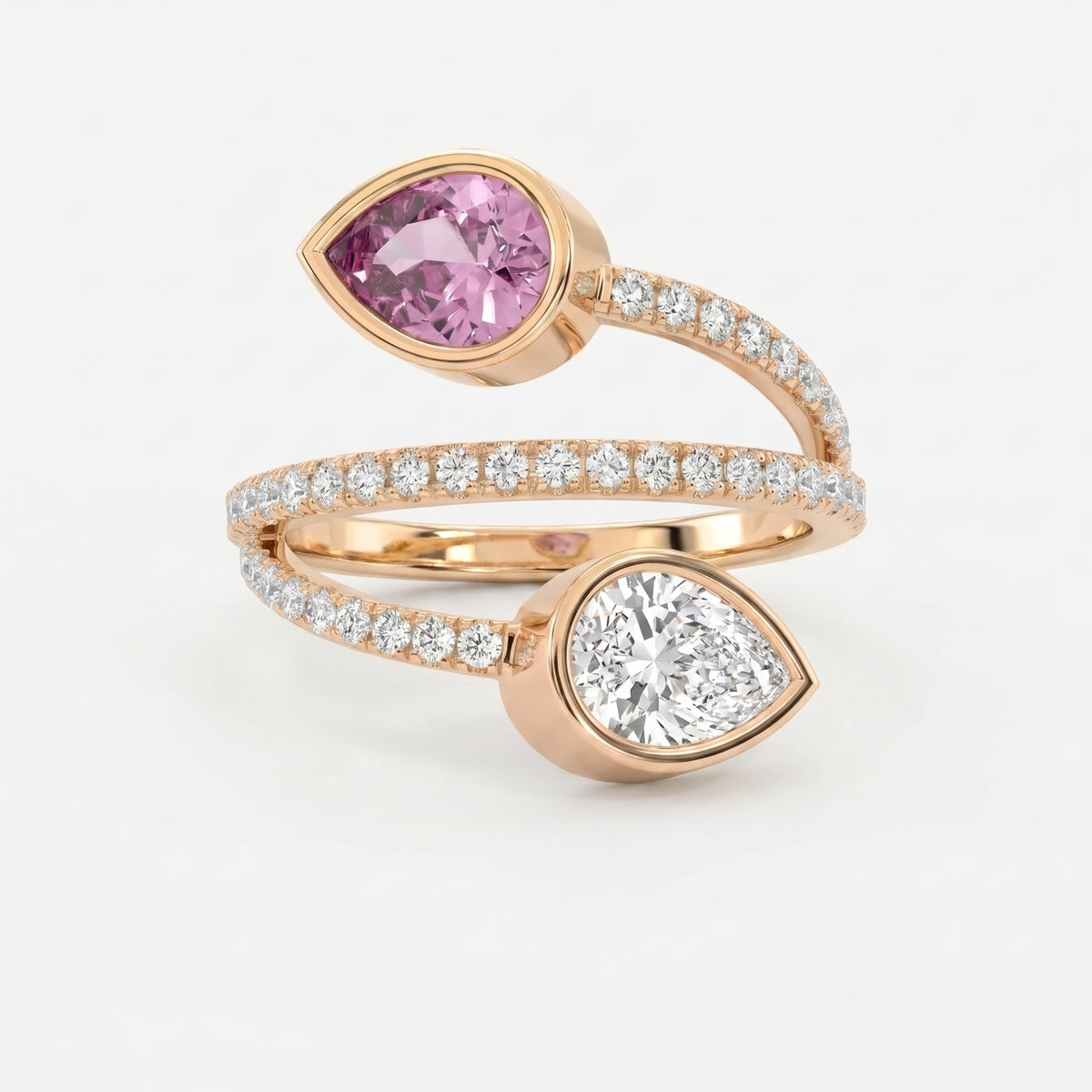 Elegant Wrap Style Dual Pear Shape Diamond Ring with Pink Gemstone