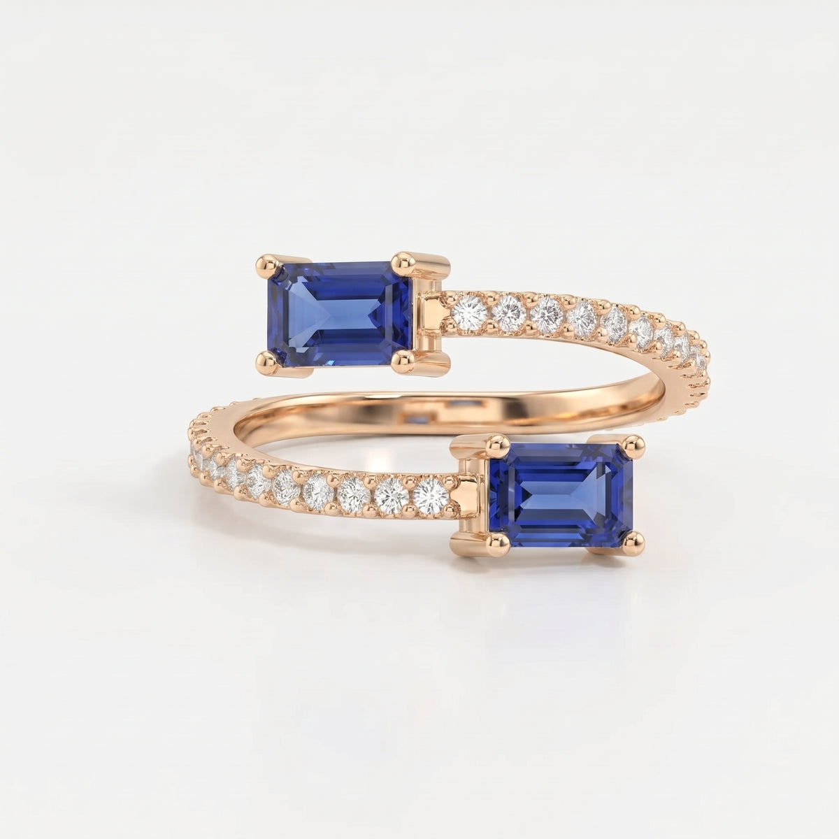 Emerald Cut Blue Sapphire Double Stone Pave Wrap Ring