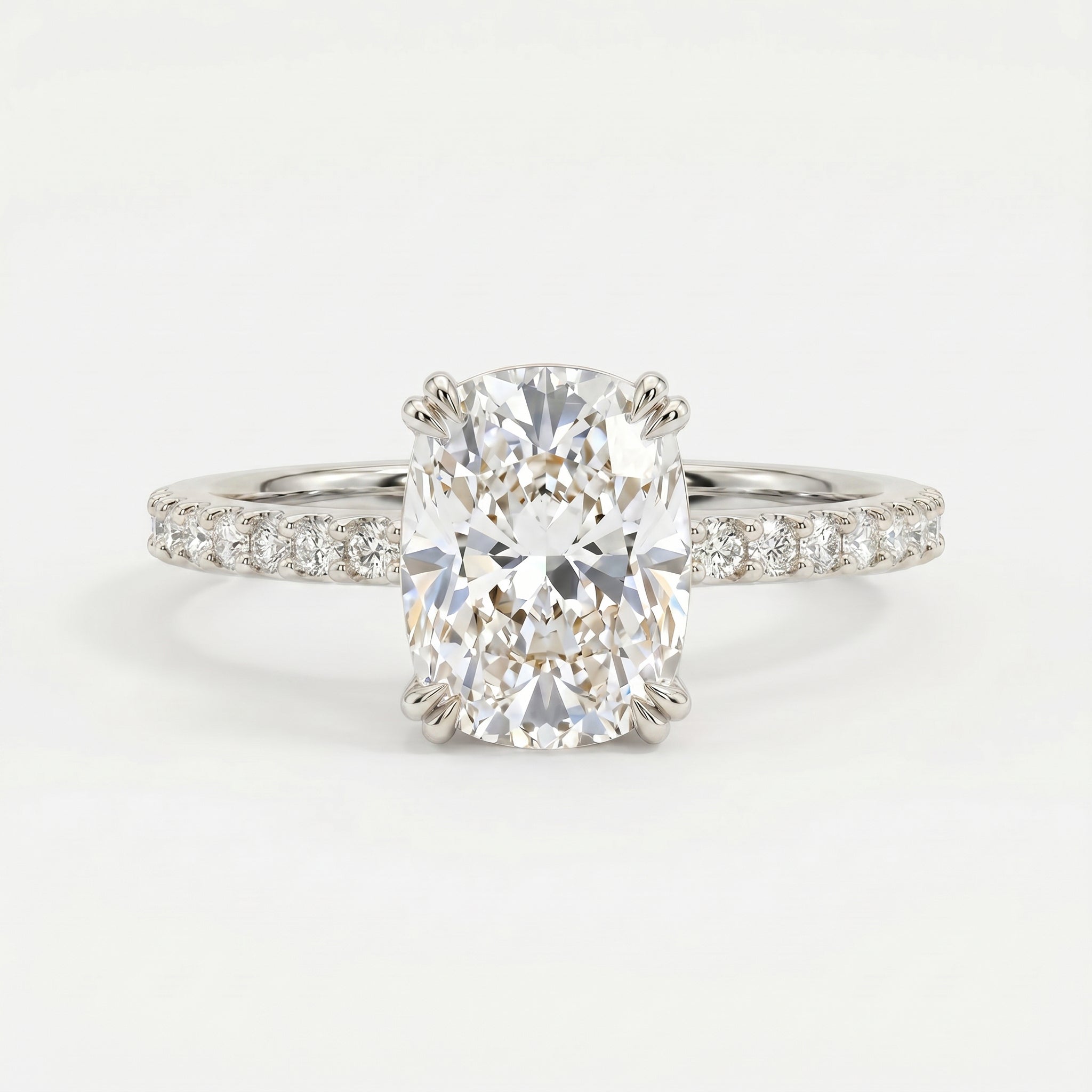 Cushion Cut Diamond Pave Side Stone Engagement Ring