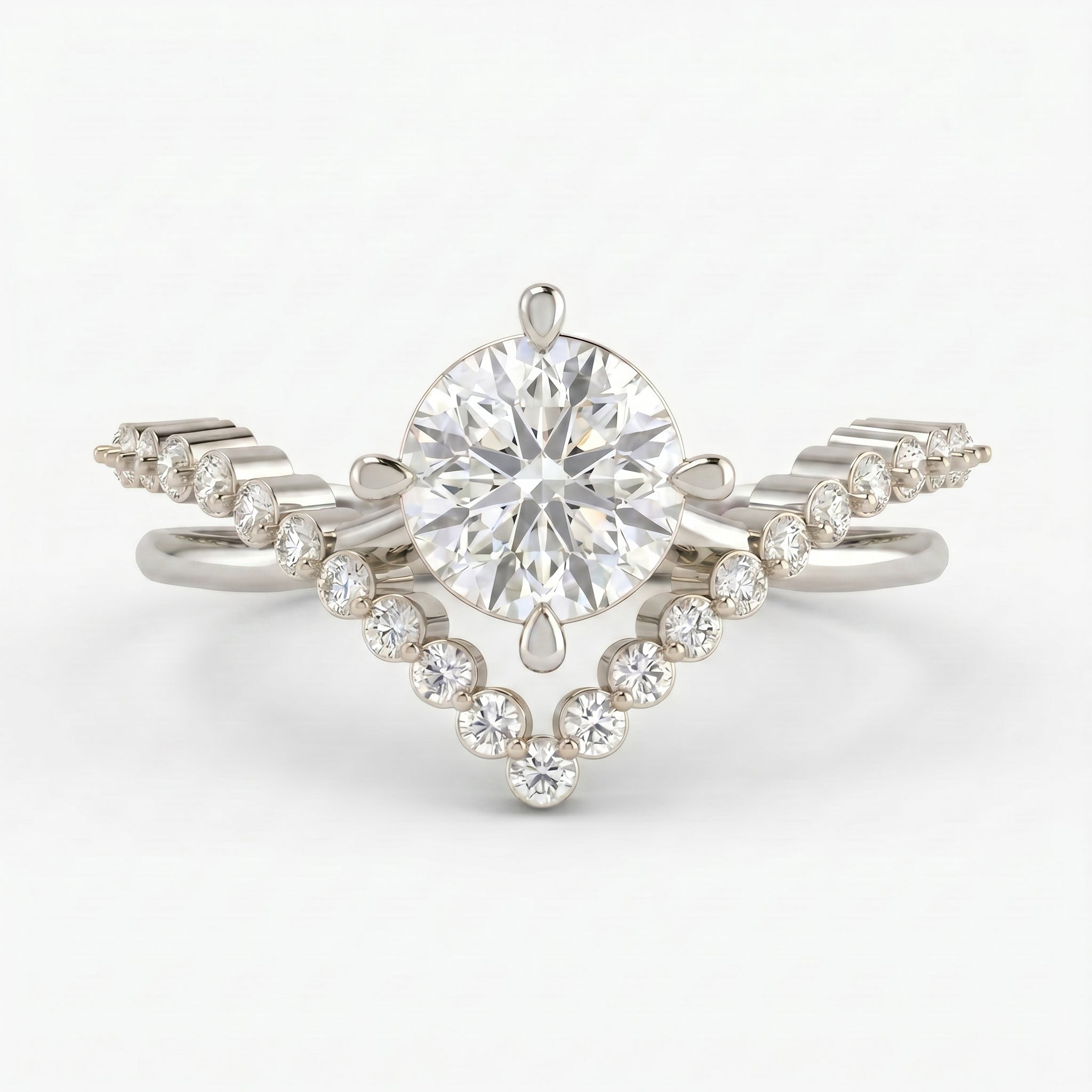 Round Cut Diamond Split Shank Chevron Pave Side Stone Engagement Ring