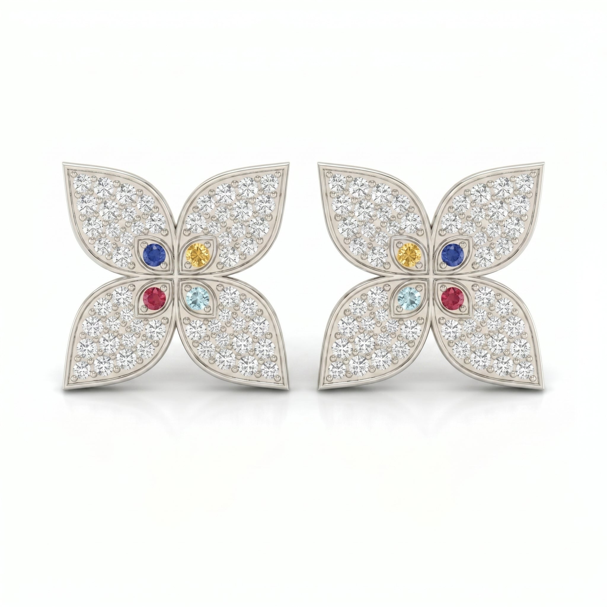 Butterfly Round Diamond with Multicolor Gemstones Stud Fashion Earrings