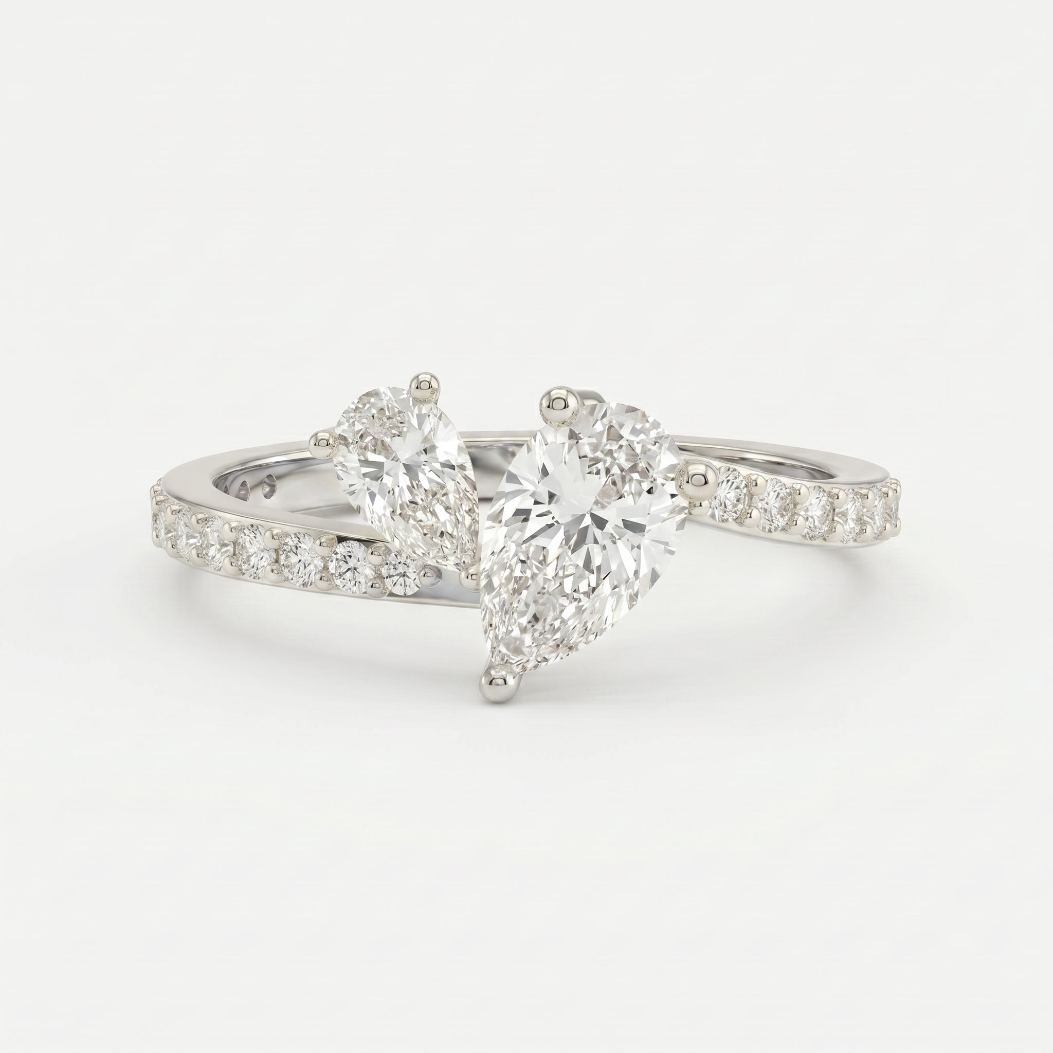 Two-Stone Pear Shaped Diamond Bypass Side Stone Engagement Ring 
