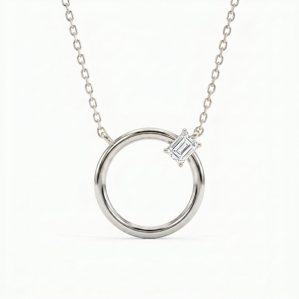 Emerald Cut Diamond Pendant Circle Design Necklace