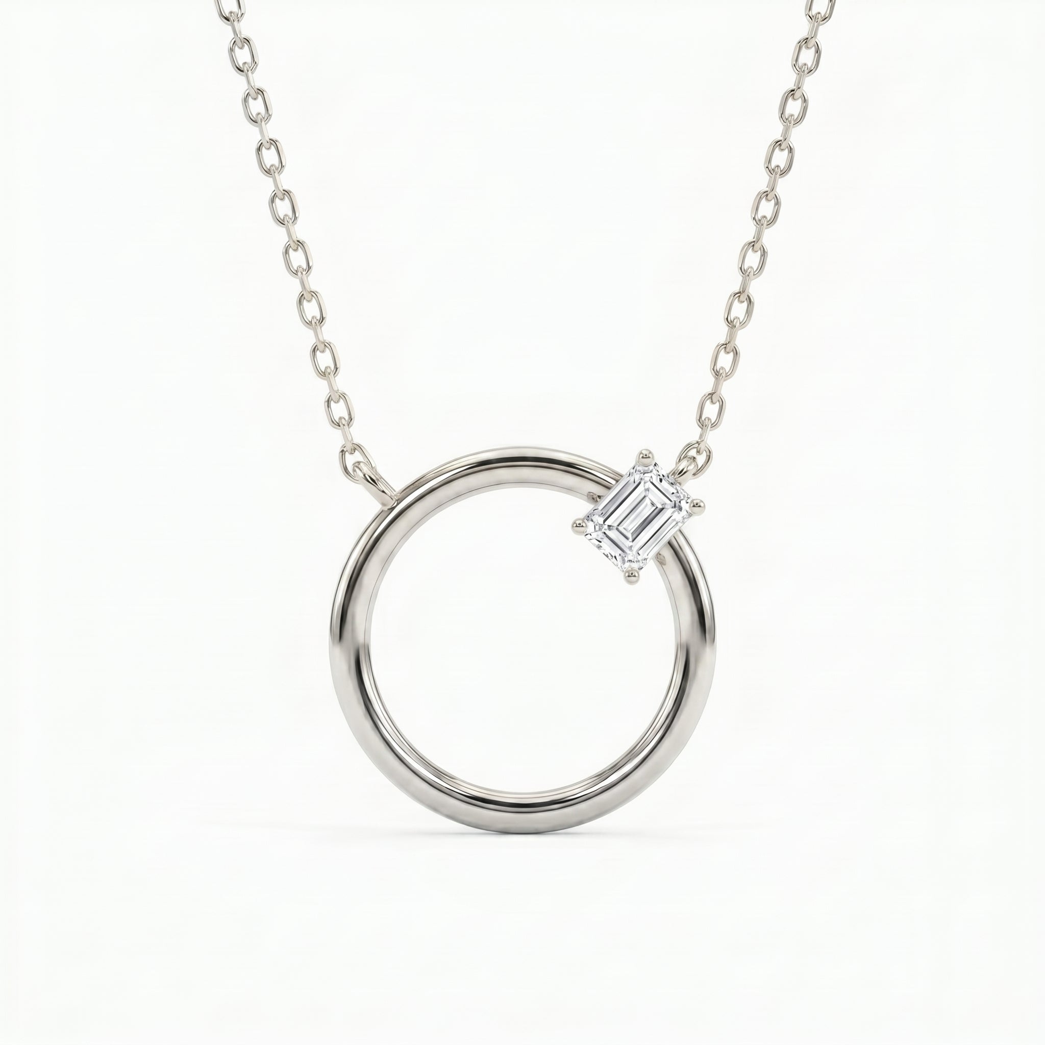 Emerald Cut Diamond Pendant Circle Design Necklace