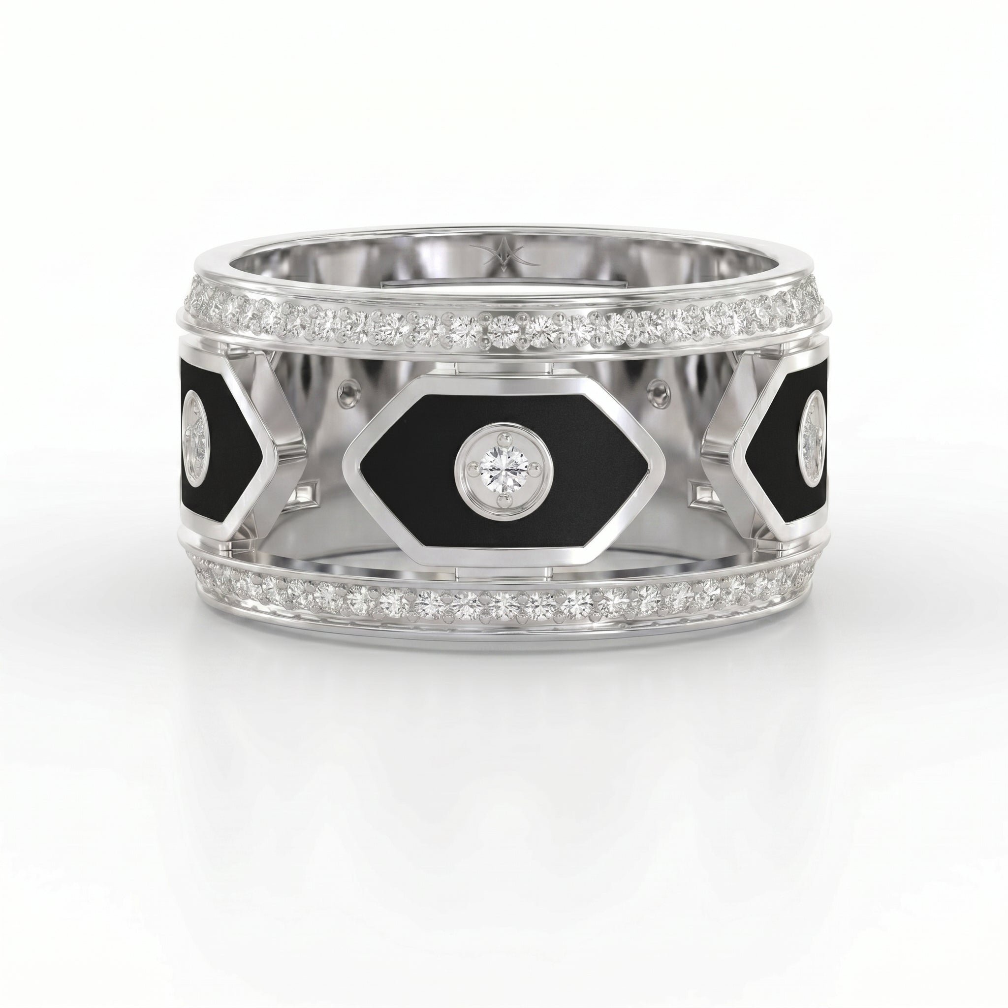 Wide Round Diamond Band with Black Enamel Ring