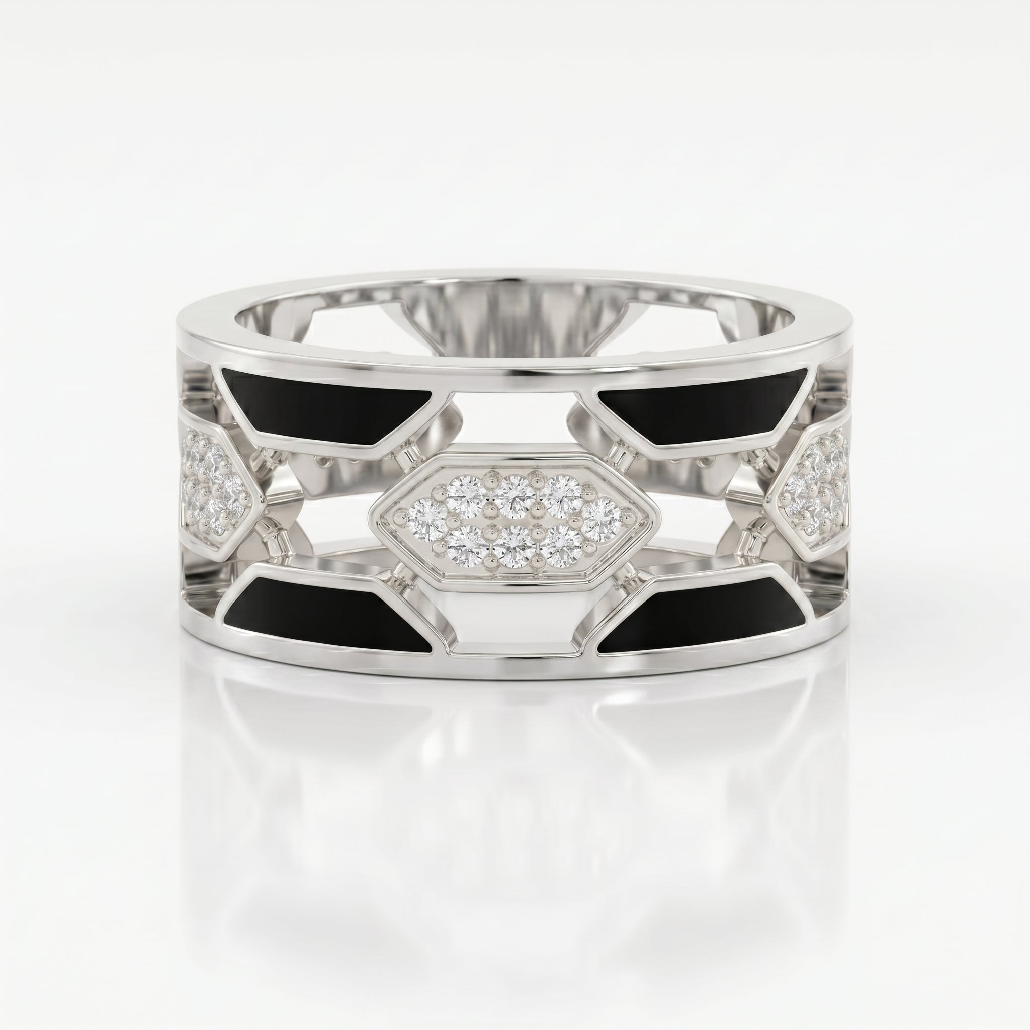 Geometric Cluster Design with Black Enamel Diamond Band