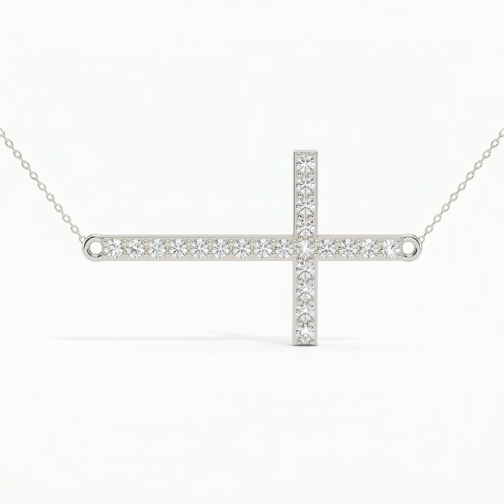 Side Way Cross Round Diamond Necklace