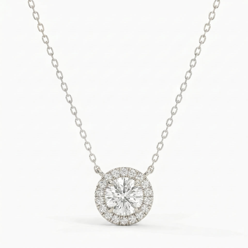 Round Shape Diamond and Side Stone Halo Design Necklace