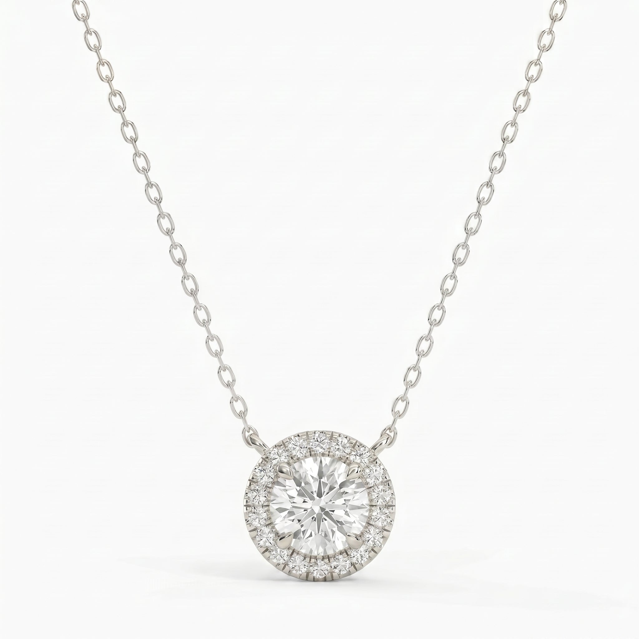 Round Shape Diamond and Side Stone Halo Design Necklace