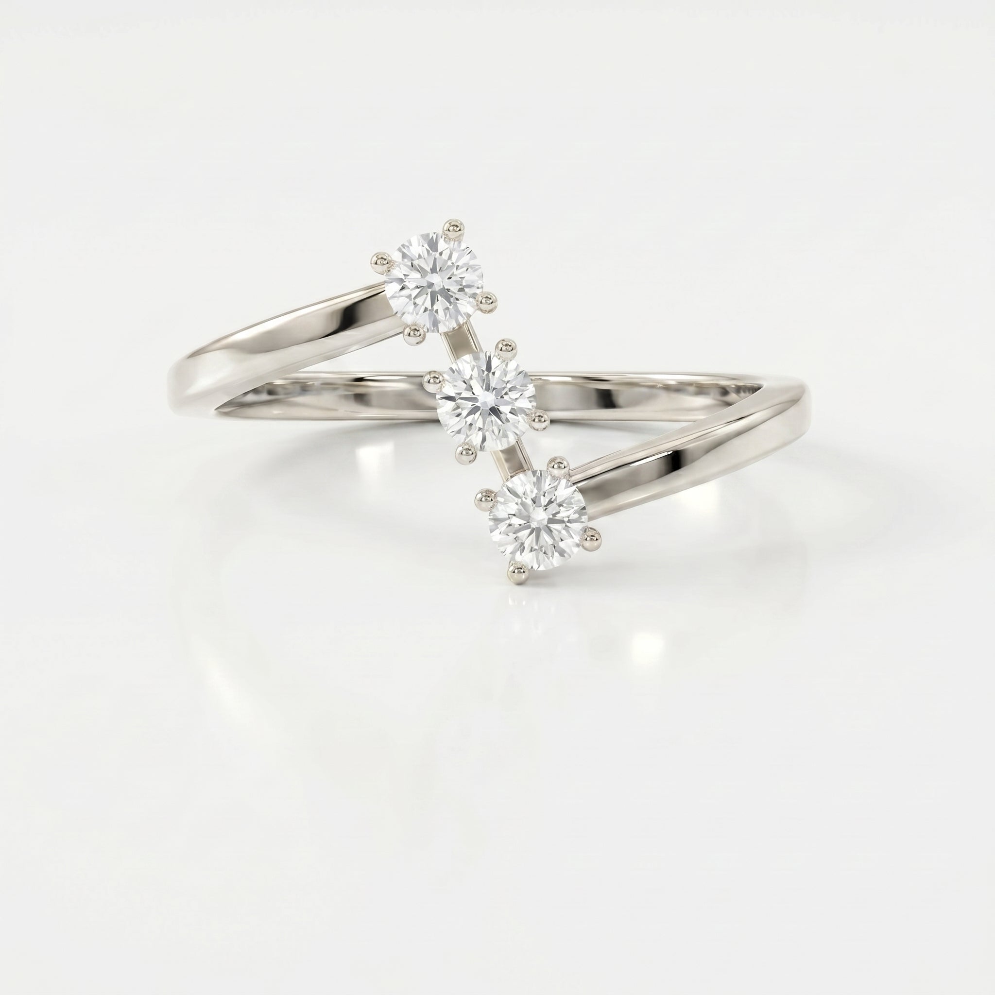 Modern Split Shank Three Stone Round Diamond Curved Ring