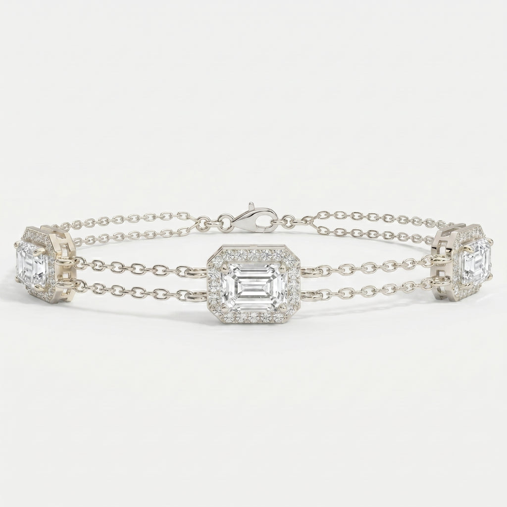 Emerald Cut Halo Diamond Double Chain Design Bracelet