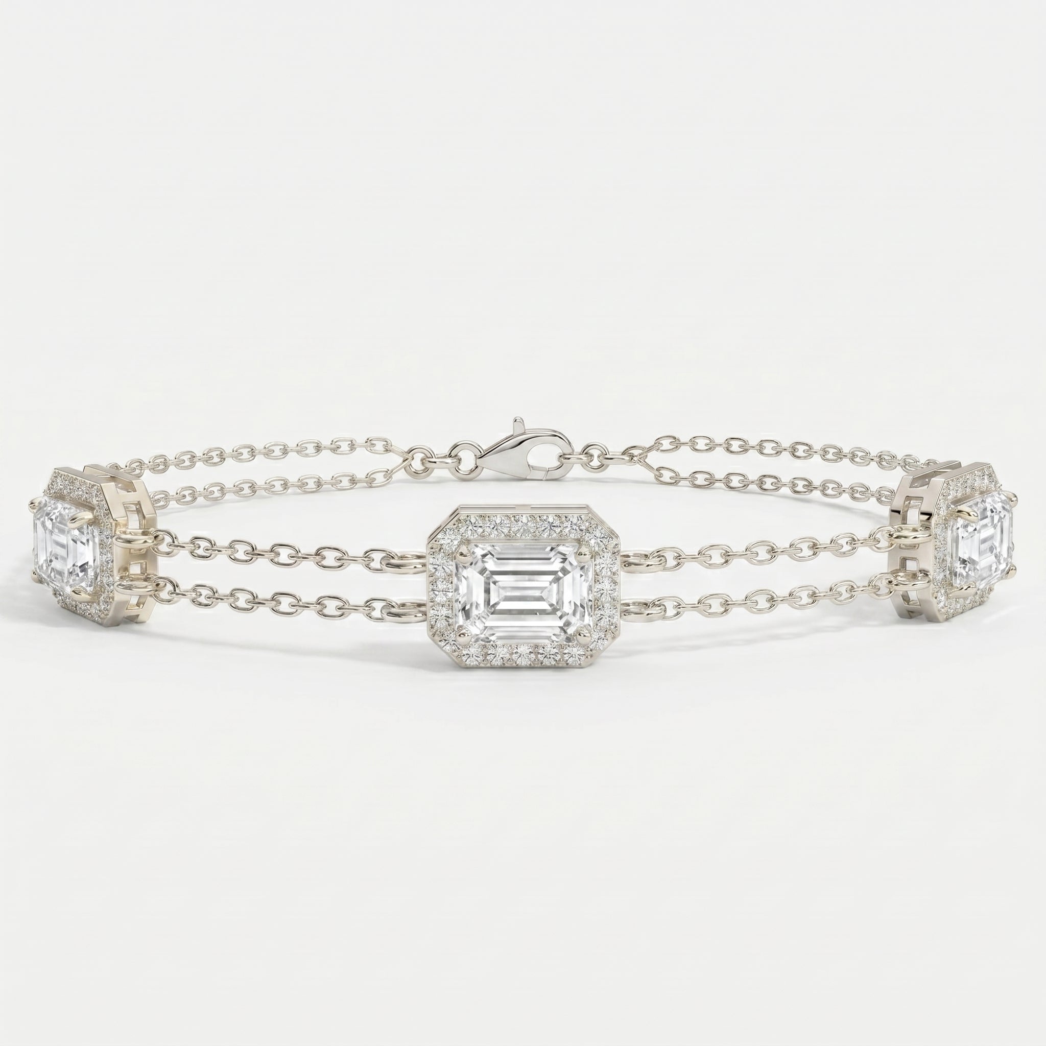 Emerald Cut Halo Diamond Double Chain Design Bracelet