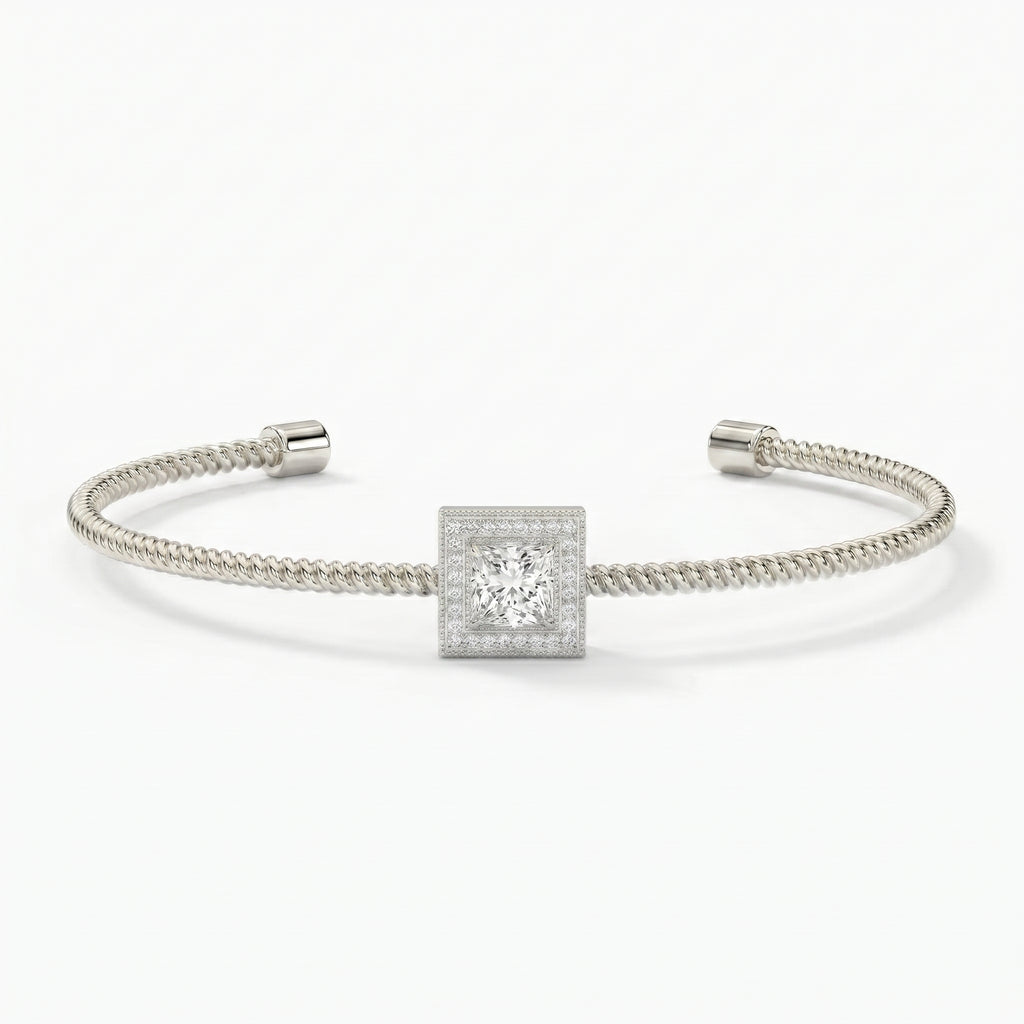 Luxury Cuff Bracelet with Square Halo Princess Centerpiece