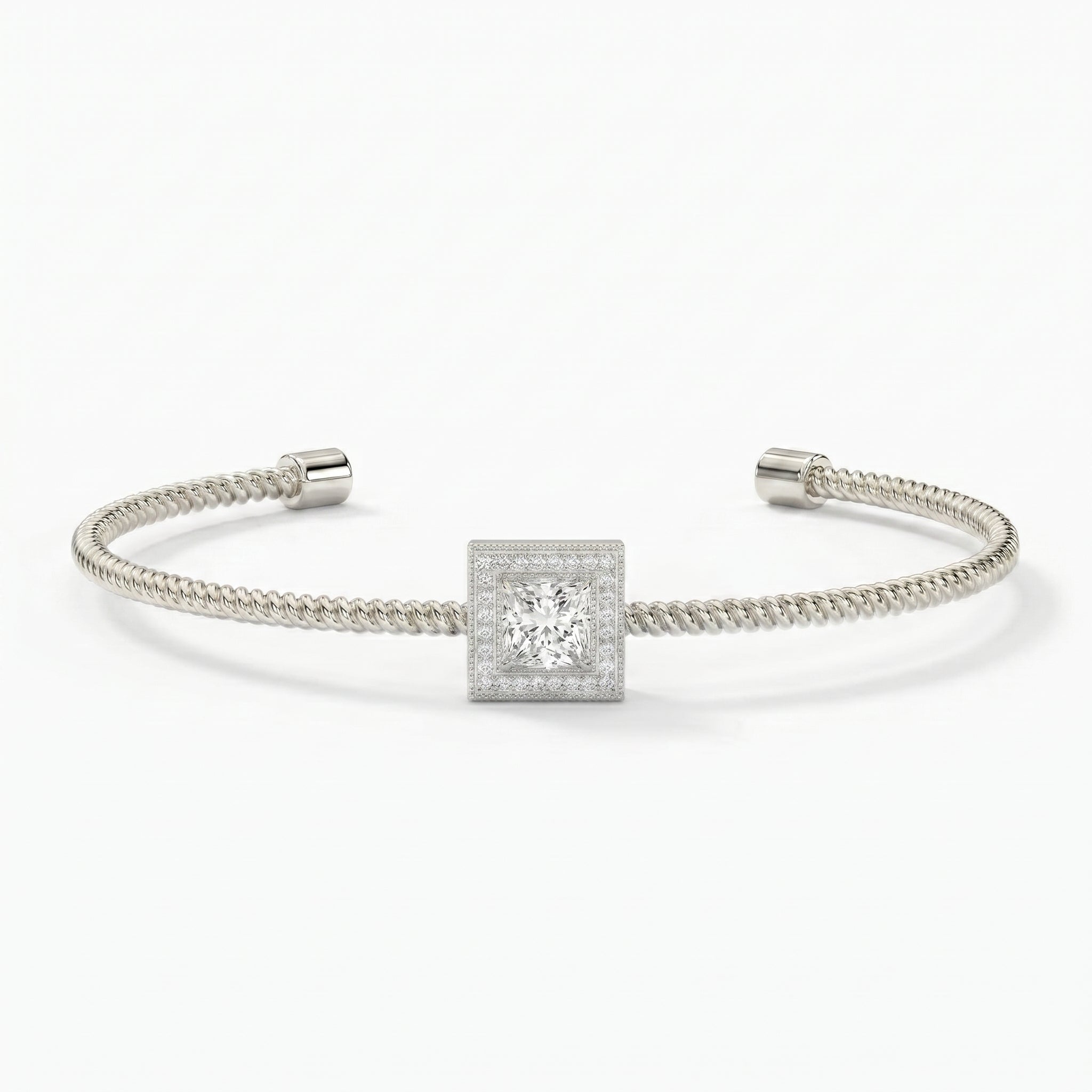 Luxury Cuff Bracelet with Square Halo Princess Centerpiece