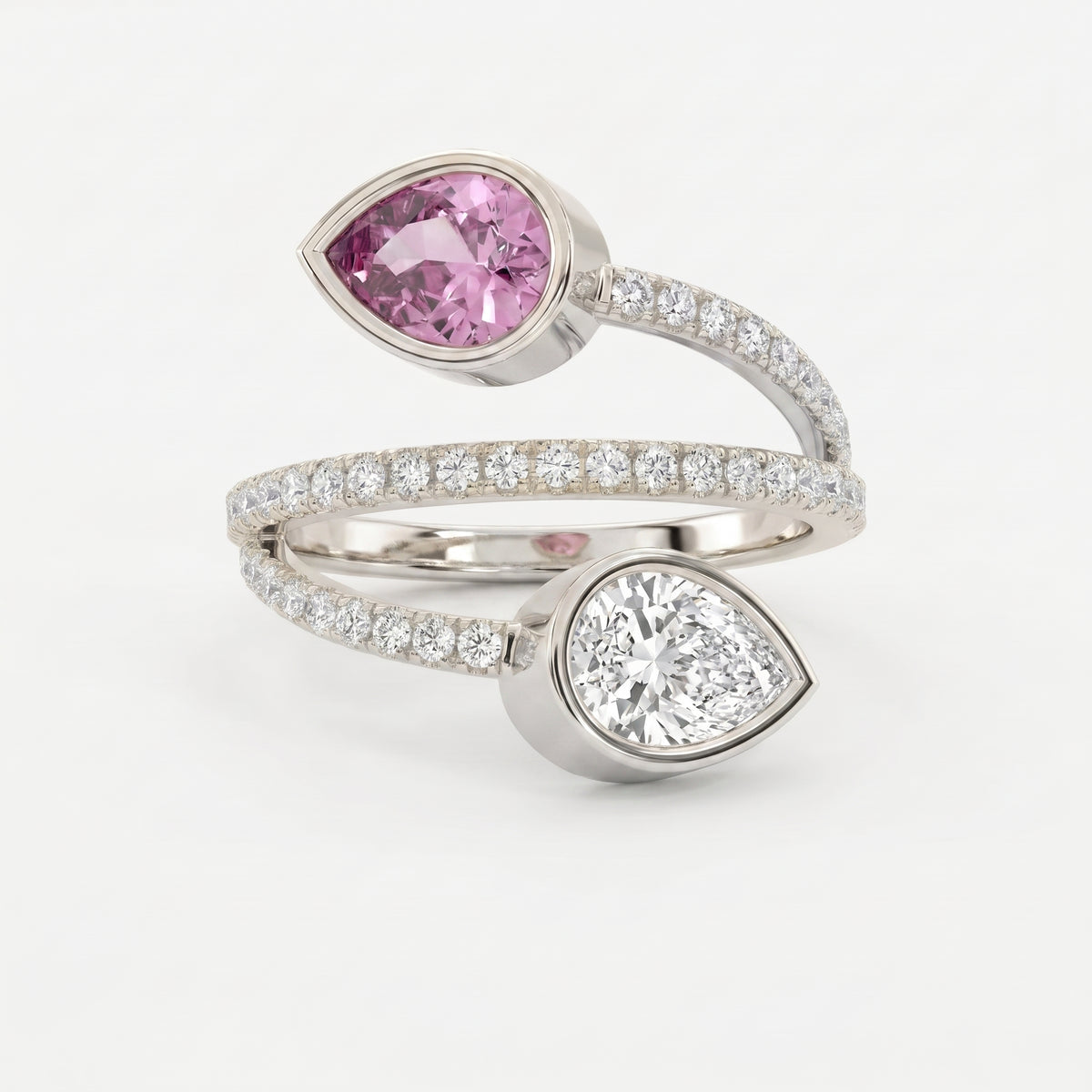 Elegant Wrap Style Dual Pear Shape Diamond Ring with Pink Gemstone