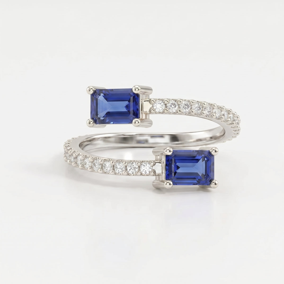 Emerald Cut Blue Sapphire Double Stone Pave Wrap Ring