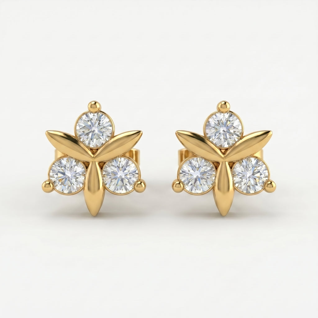 Luxury floral stud earrings flat lay with sparkling stones and minimalist premium jewelry styling