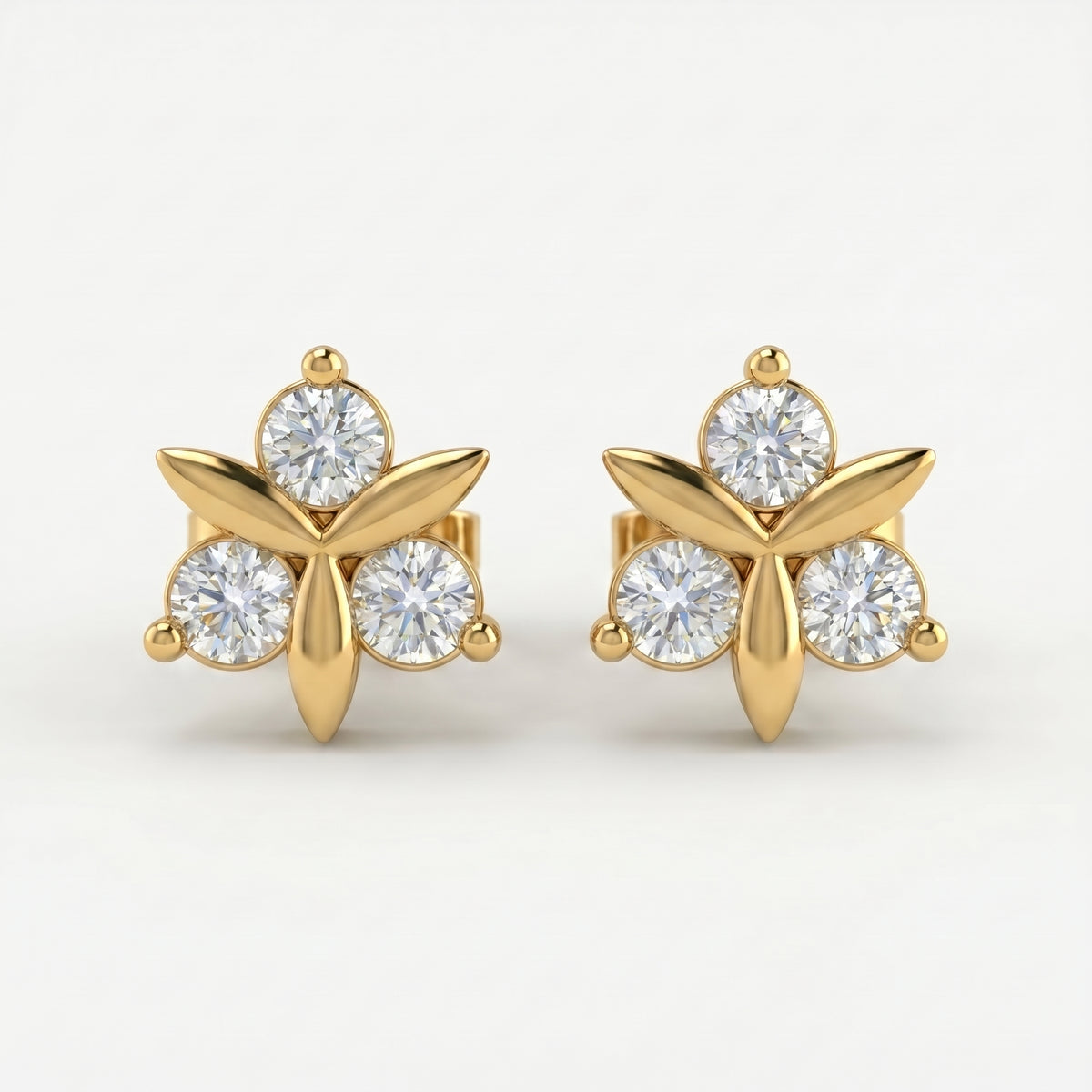 Luxury floral stud earrings flat lay with sparkling stones and minimalist premium jewelry styling