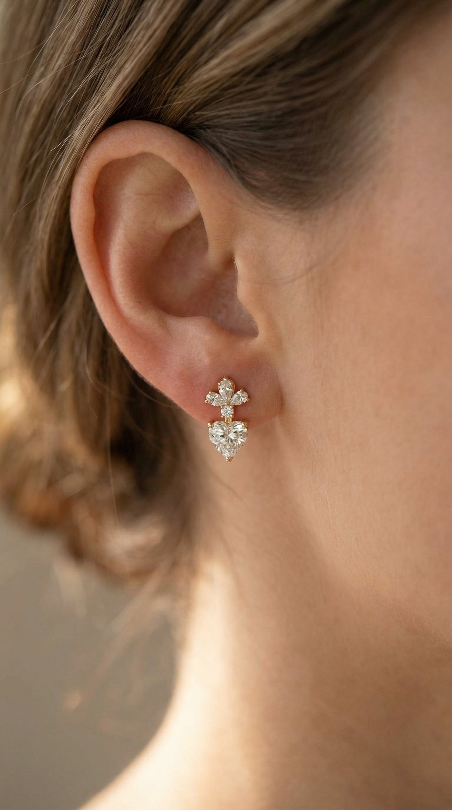 Floral Cluster Heart Diamond Drop Earring