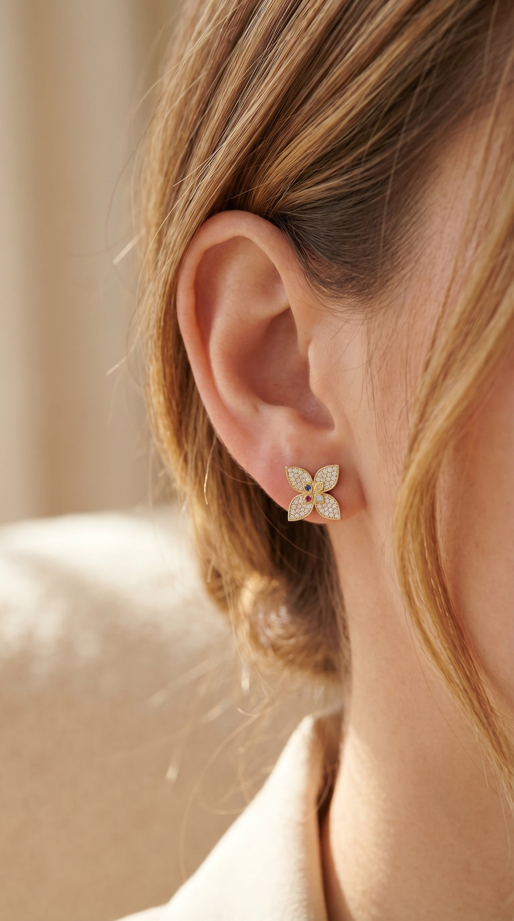 Butterfly Round Diamond with Multicolor Gemstones Stud Fashion Earrings