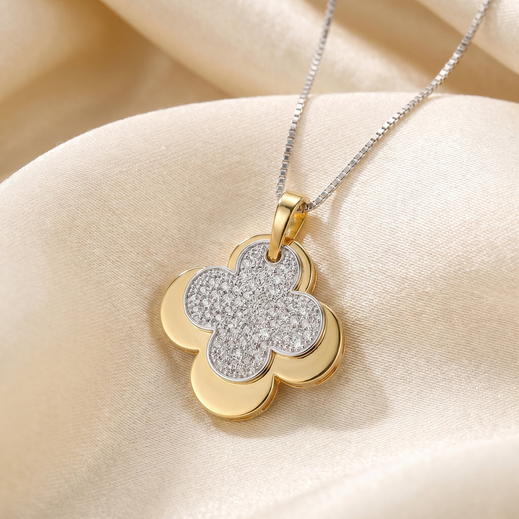 Elegant Pave Two-Tone Clover Diamond Pendant Necklace