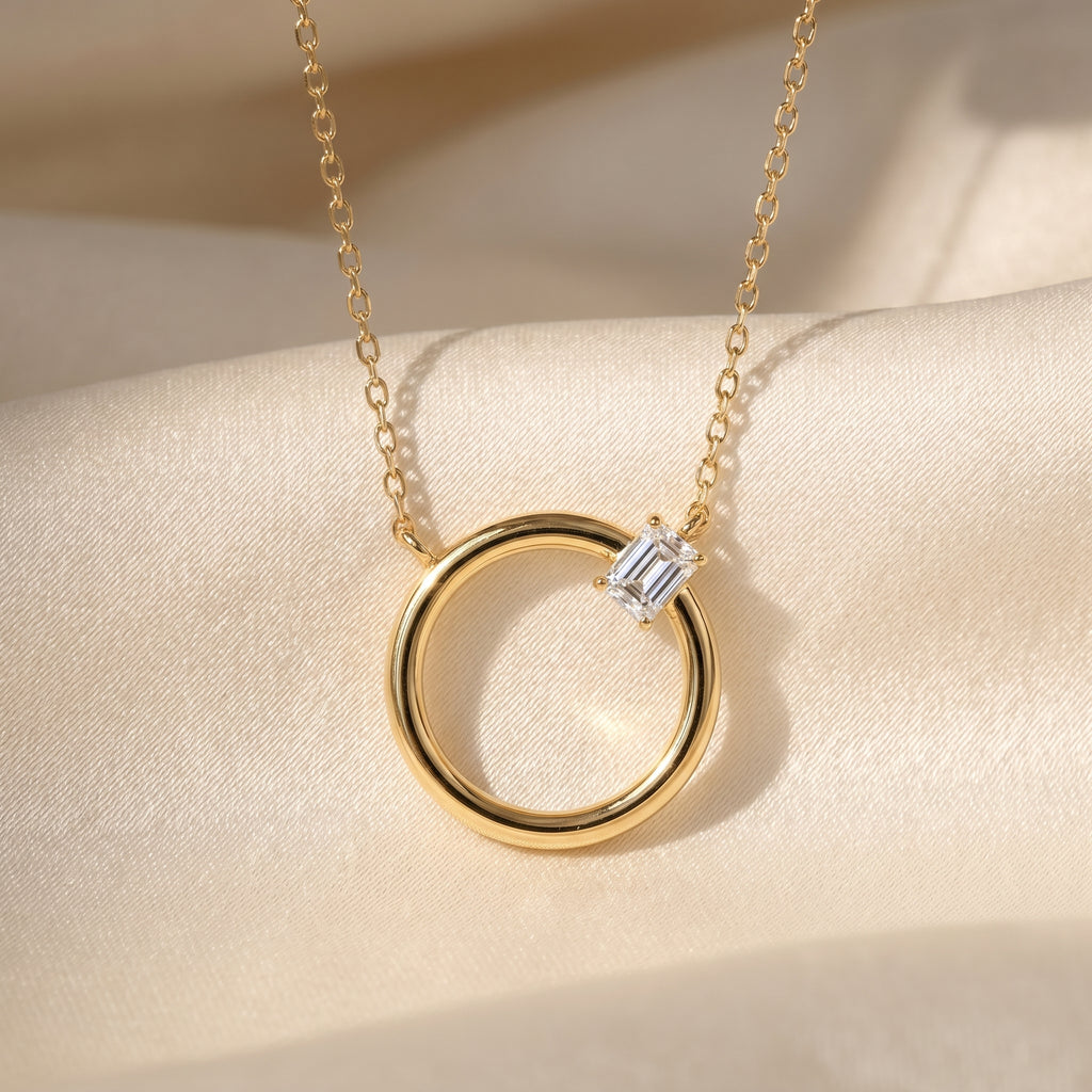Emerald Cut Diamond Pendant Circle Design Necklace