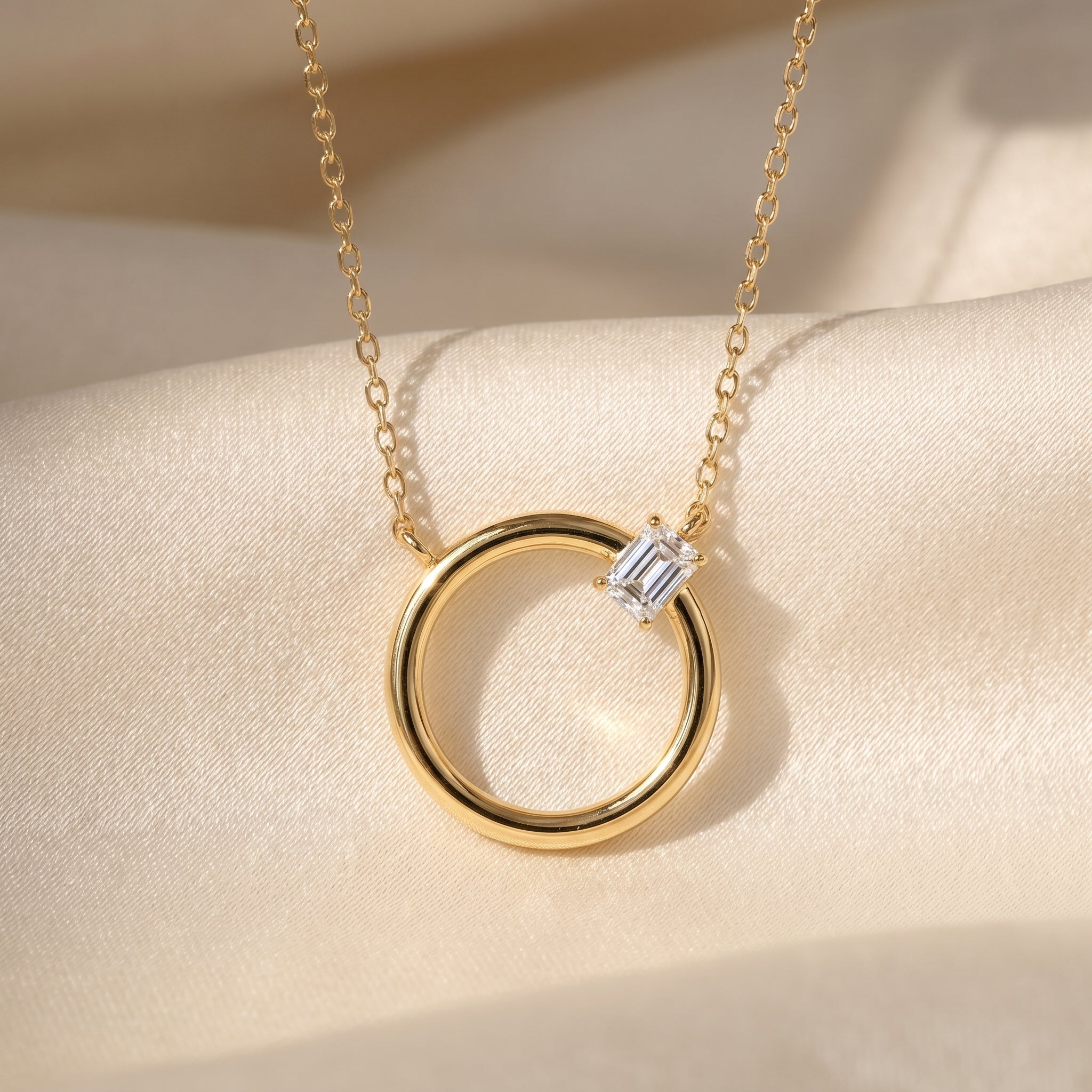 Emerald Cut Diamond Pendant Circle Design Necklace