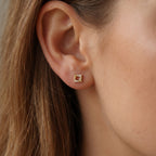 Side profile of geometric diamond stud earrings showing polished Yellow  gold craftsmanship and secure backing