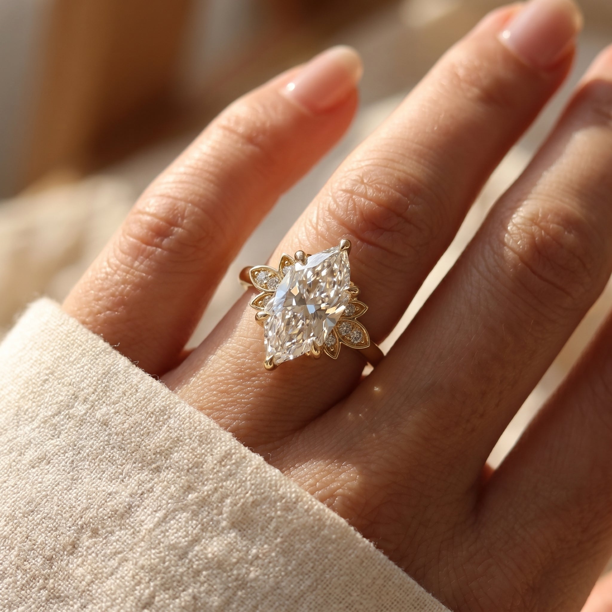 Dutch Marquise Cut Lab Diamond Floral Side Cluster Design Engagement Ring