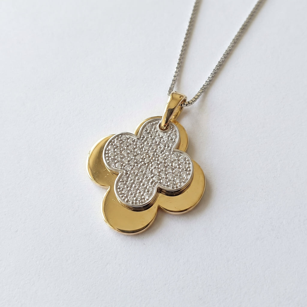 Elegant Pave Two-Tone Clover Diamond Pendant Necklace
