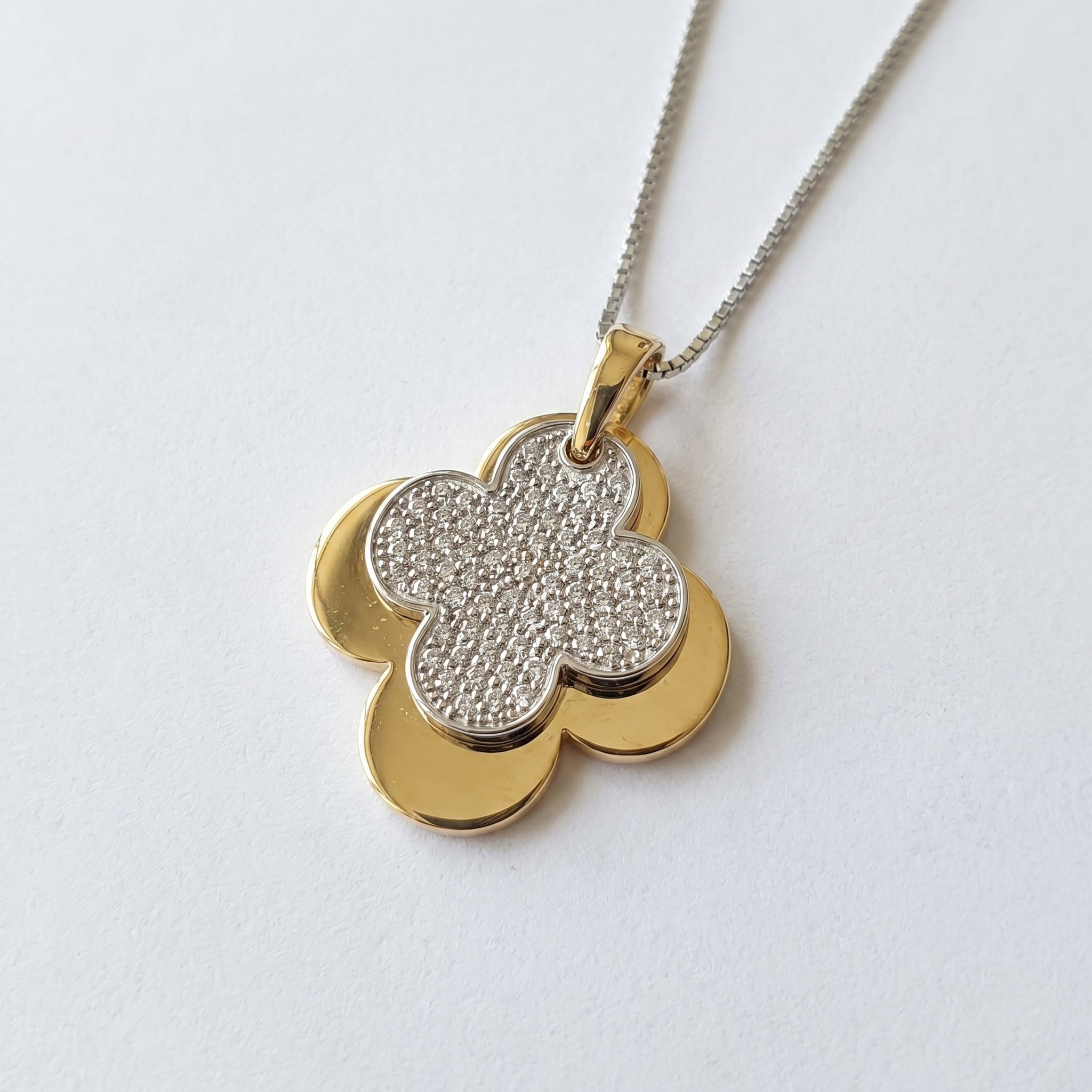 Elegant Pave Two-Tone Clover Diamond Pendant Necklace