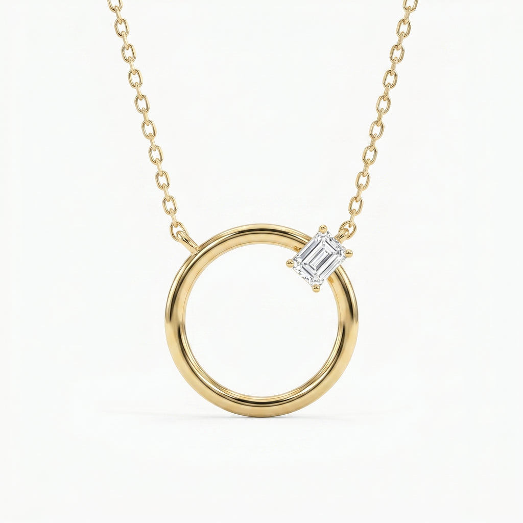 Emerald Cut Diamond Pendant Circle Design Necklace