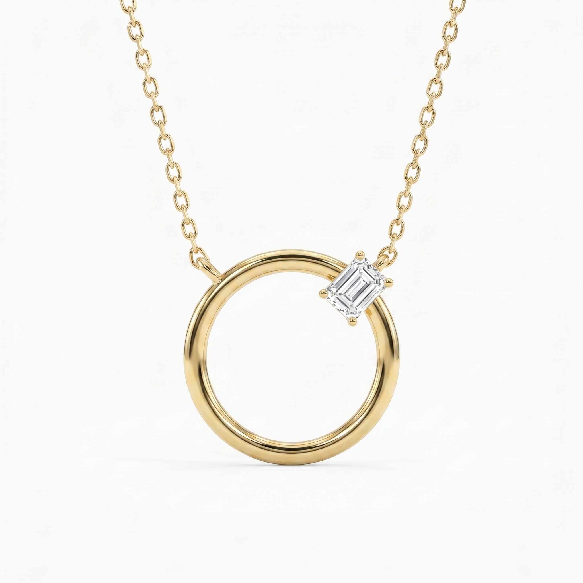 Emerald Cut Diamond Pendant Circle Design Necklace