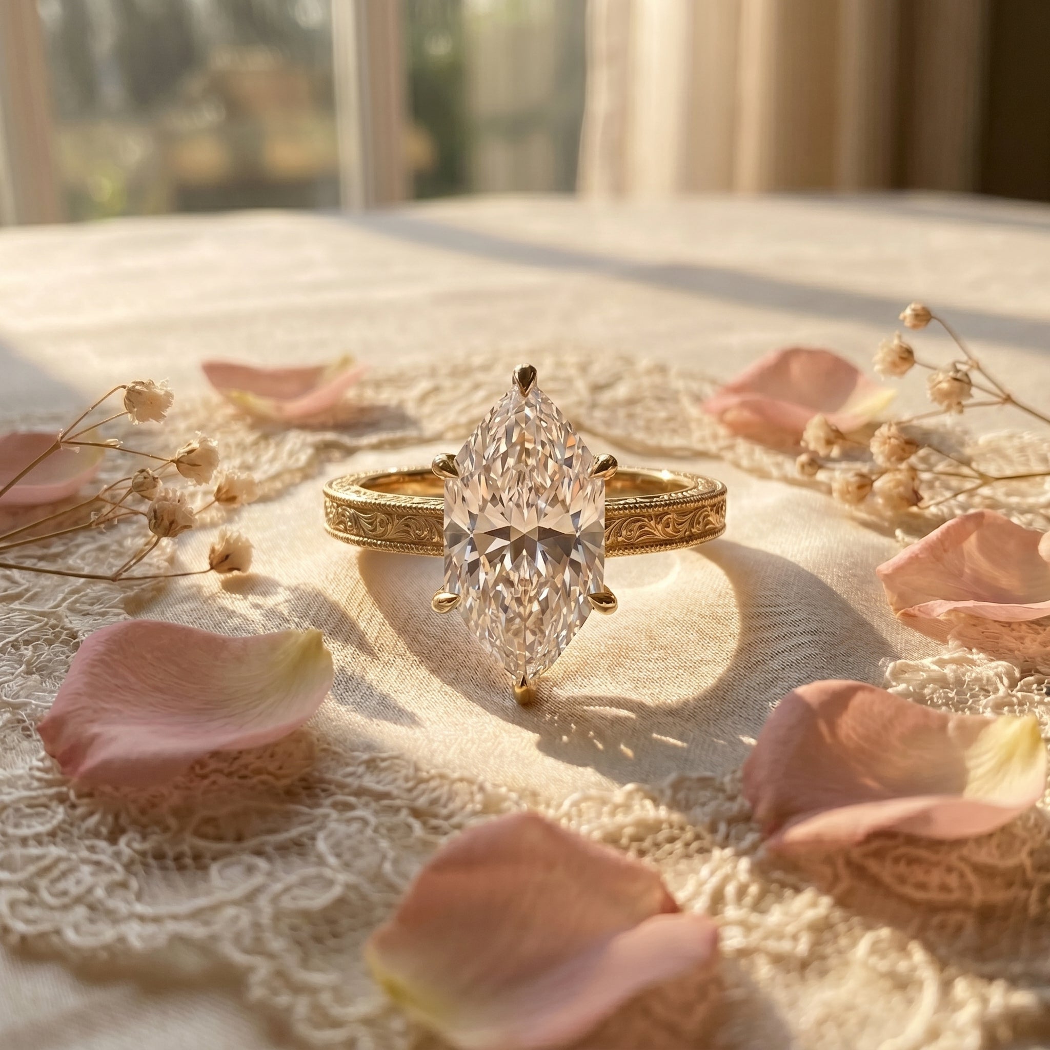  Marquise diamond engagement ring with engraved yellow gold band and vintage detailing on white background