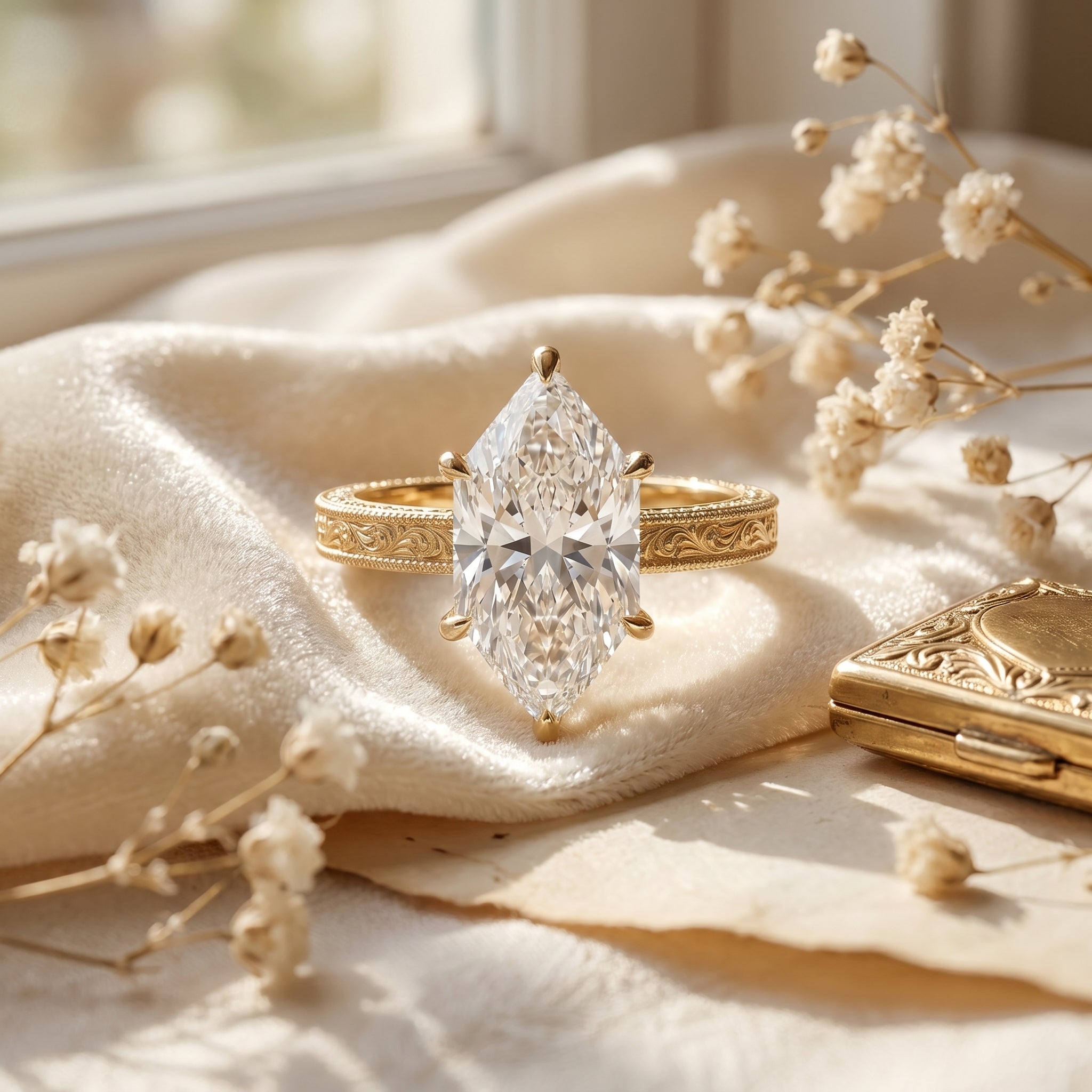Top view of marquise diamond engagement ring highlighting elongated diamond shape and gold band