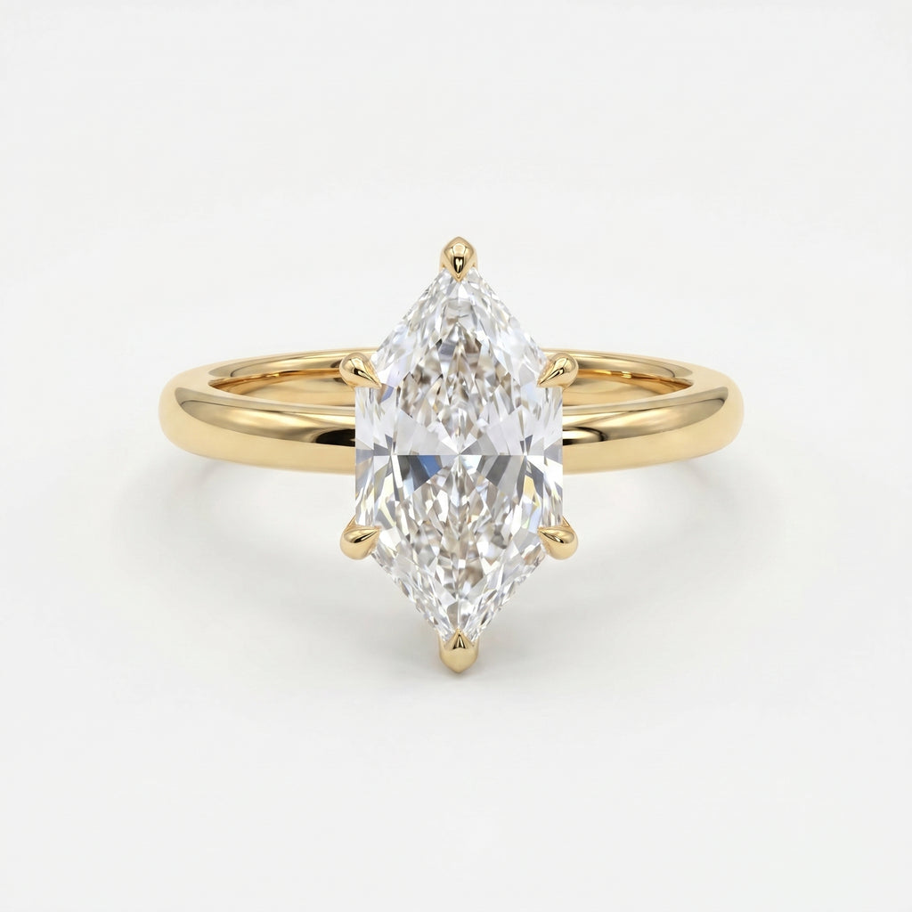 Front view of marquise cut diamond engagement ring featuring six-prong yellow gold solitaire setting