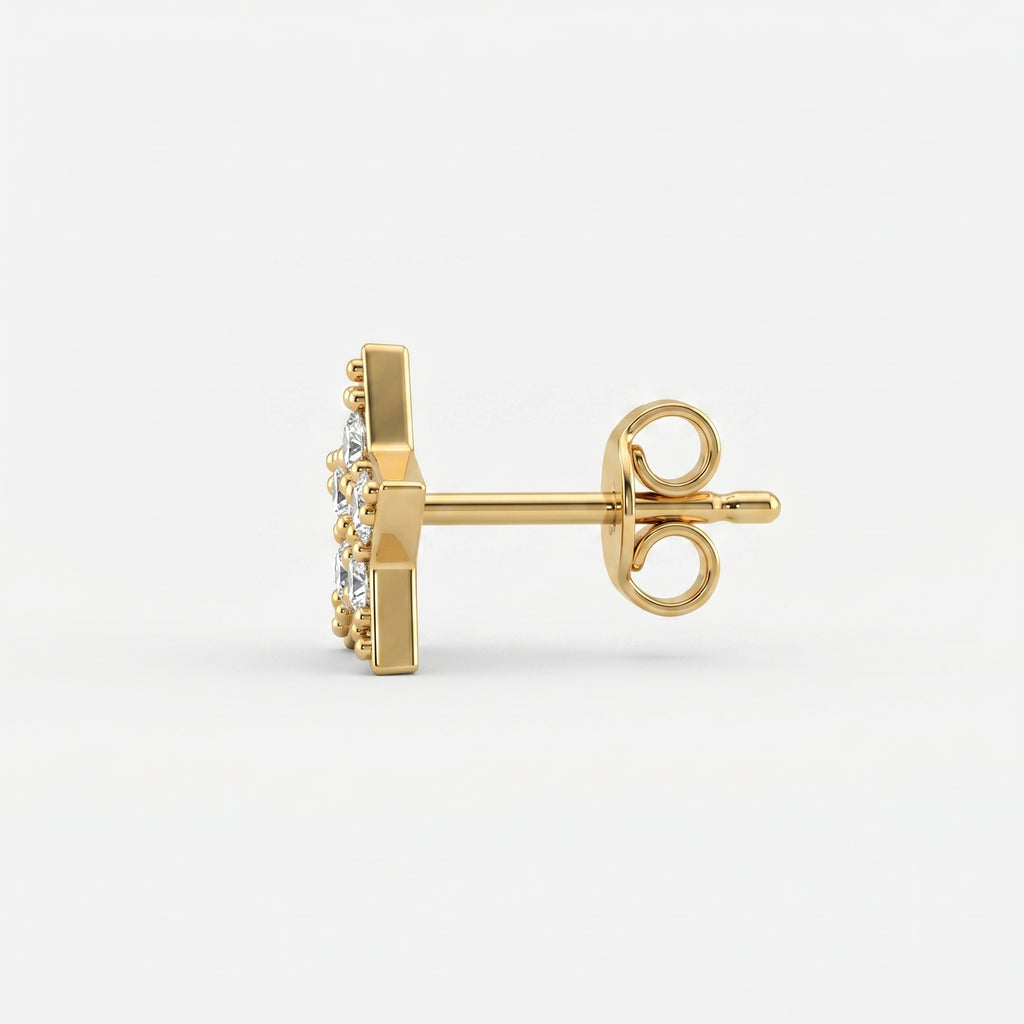Flat lay of luxury star-shaped diamond stud earrings on clean white background with elegant minimalist styling