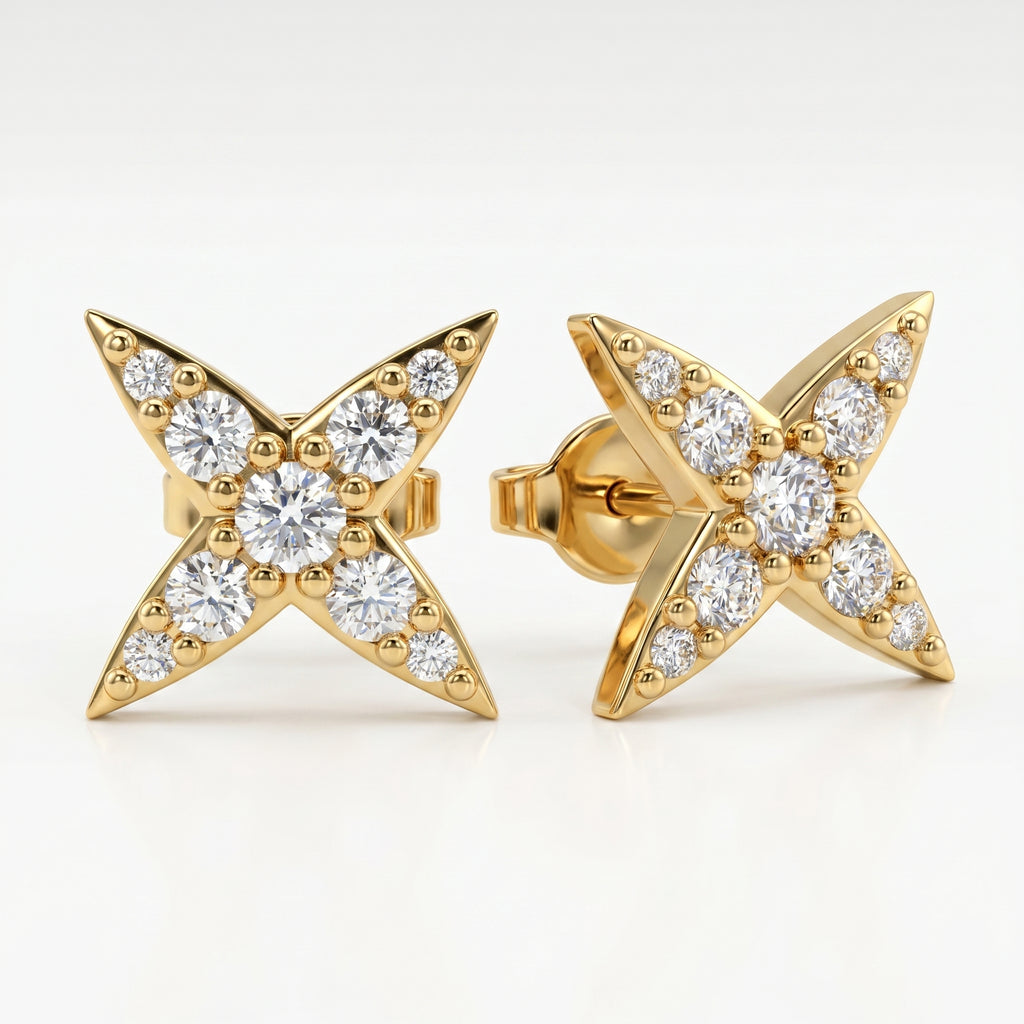 Minimalist flat lay of diamond star stud earrings on white background with elegant luxury jewelry styling