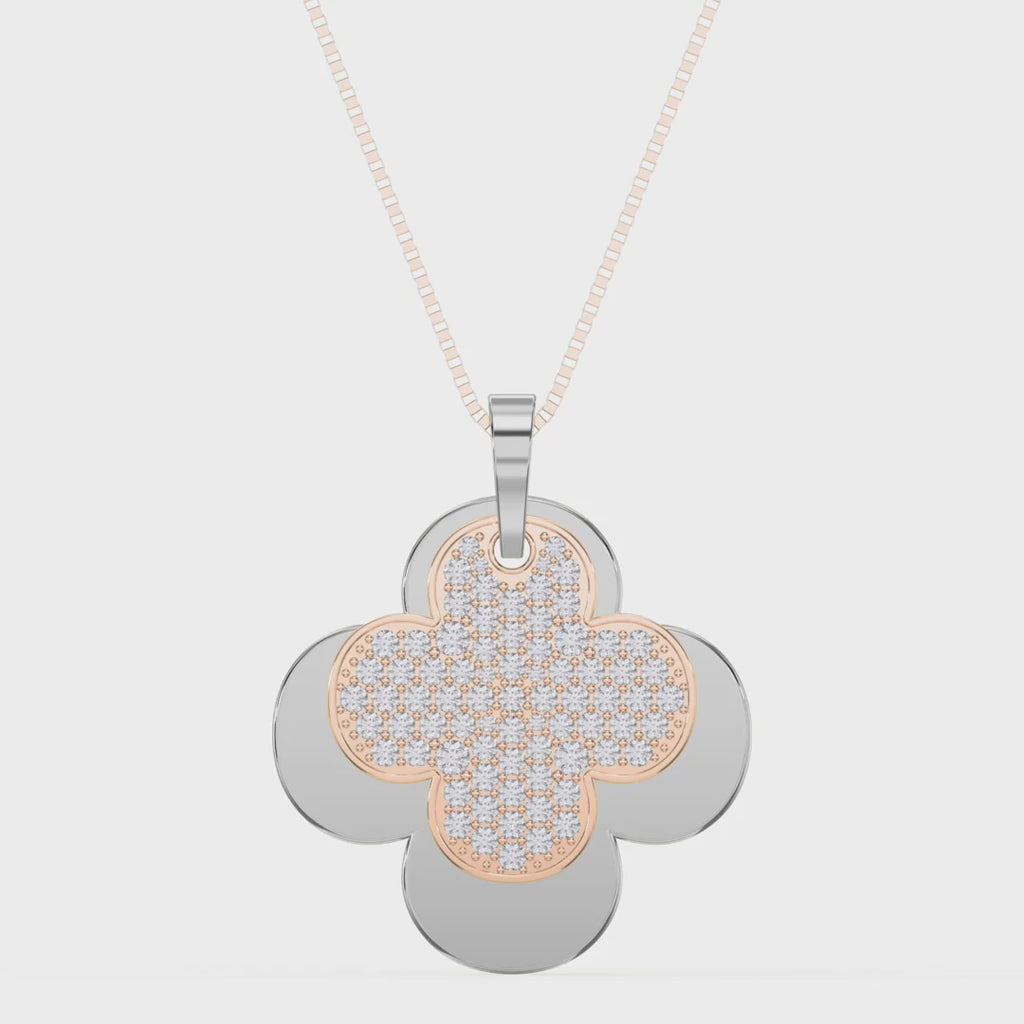 Elegant Pave Two-Tone Clover Diamond Pendant Necklace