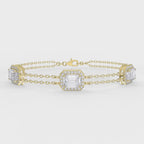 Emerald Cut Halo Diamond Double Chain Design Bracelet