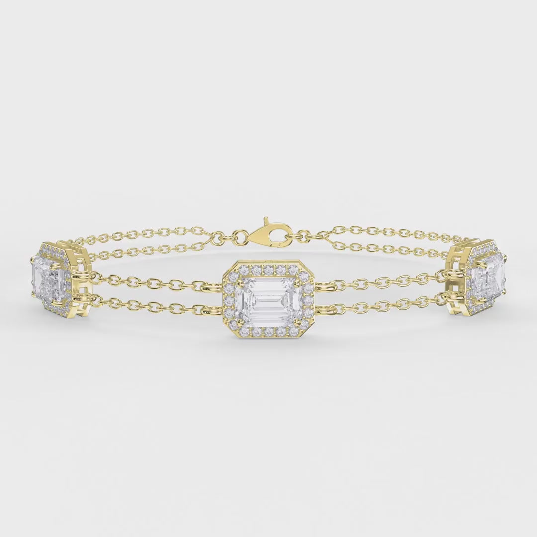 Emerald Cut Halo Diamond Double Chain Design Bracelet