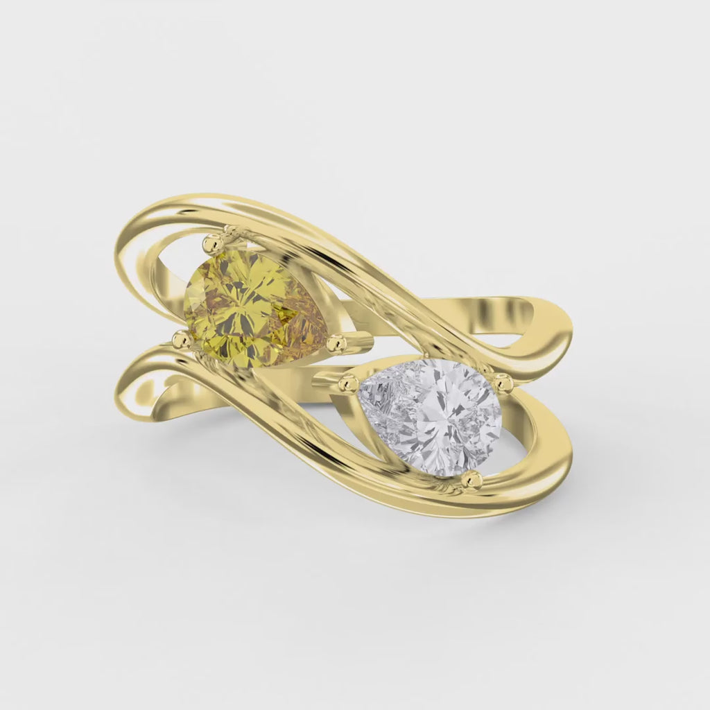 Modern Bypass Pear Cut Yellow & White Diamond Toi et Moi Ring